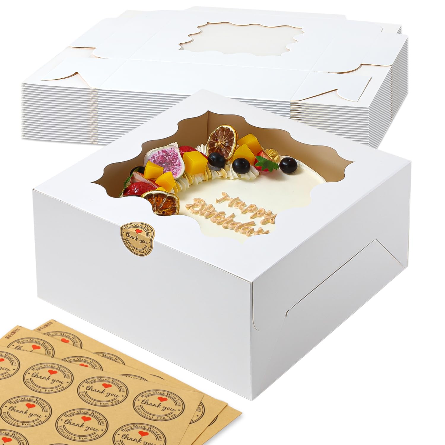 White Bakery Boxes with Window - 24pcs 8x8x4 Inches Cake Boxes for Cheesecake, Cookies, Cupcakes & Pastries | Perfect for Dessert Packaging, Birthday Parties & Bakery Treats | Eco-Friendly Food Storage Containers