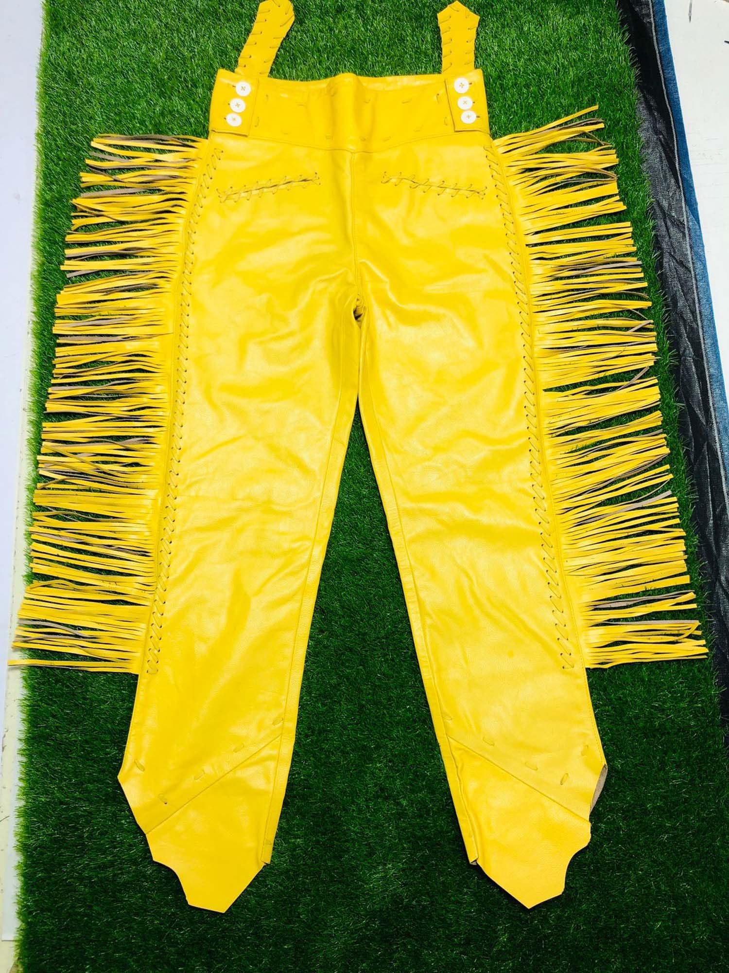 Authentic Men's Western Cowboy Leather Pants with Gold Braiding & Side Fringe - Native American Style Rodeo Trousers for Country Dancing, Horseback Riding & Western Fashion
