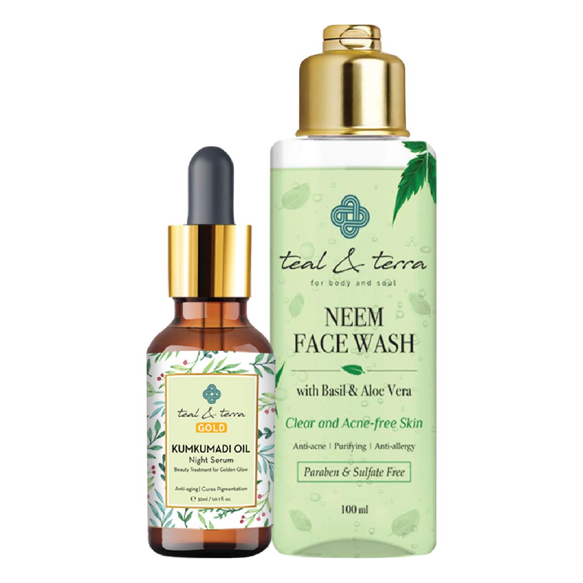Teal & Terra Kumkumadi Oil (30ml) & Neem Face Wash Set - Skin Brightening Night Serum & Cleanser for Glowing, Even Skin Tone | Ayurvedic Skincare Duo for Dry, Dull & Acne-Prone Skin | Perfect for Night Routine & Travel Skincare