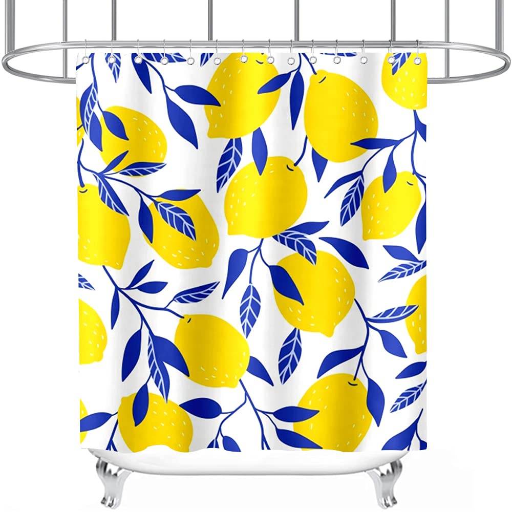 Waterproof Lemon Shower Curtain with Fruits & Green Leaves Design - 72×72 Inch Bathroom Decor Set Includes 12 Hooks (Blue, White, Yellow) - Perfect for Coastal, Farmhouse or Tropical Bathroom Themes
