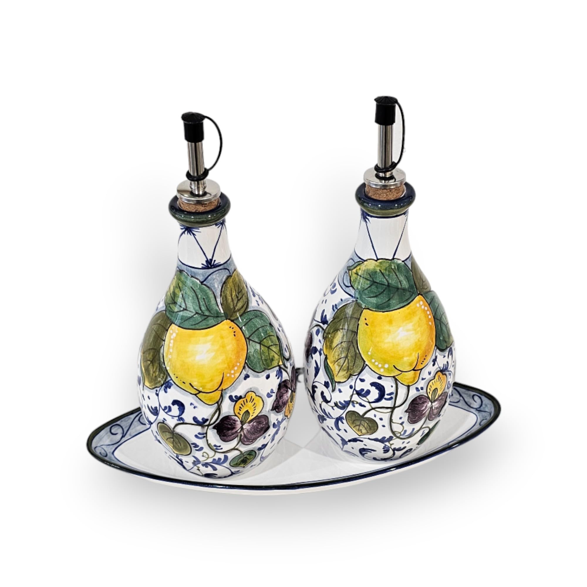 Italian Ceramic Oil and Vinegar Dispenser Set - Hand-Painted Lemon Design - 7 oz Kitchen Oil & Vinegar Bottles - Made in Tuscany, Italy - Home Decor & Italian Pottery for Dining Table, Kitchen Counter, or Gift