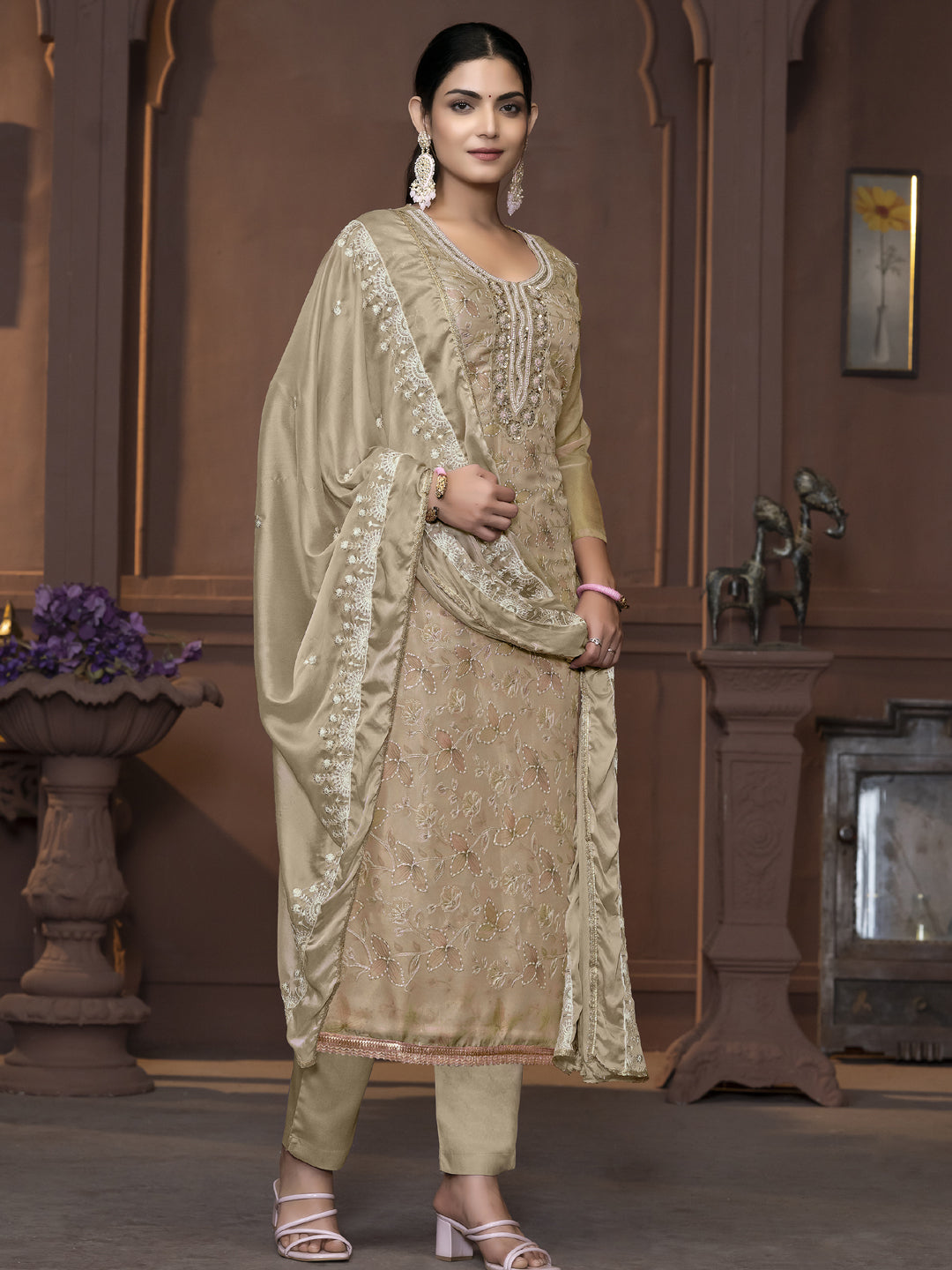 Elegant Beige Party Wear Pant Suit with Pojishan Embroidery Handwork - Perfect for Weddings, Festive Occasions & Special Events