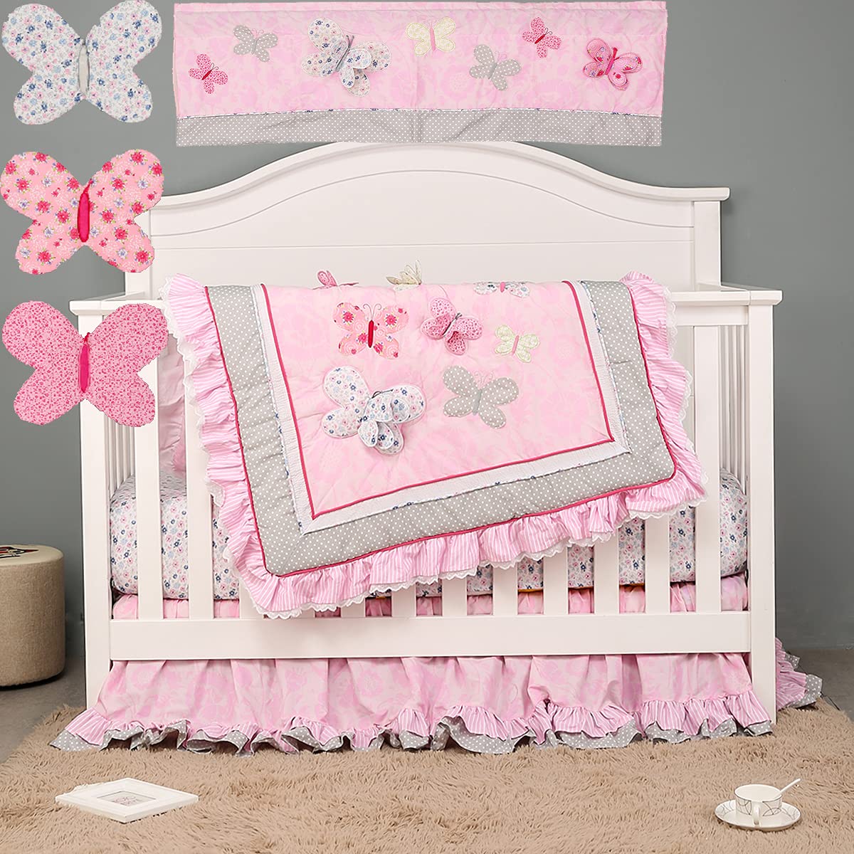 7-Piece Pink Embroidery Baby Crib Bedding Set - 100% Cotton 3D Butterfly Nursery Decor for Girls - Includes Quilt, Bed Skirt, Fitted Sheet, Window Valance & Wall Art - Perfect for Newborn Nursery, Baby Shower Gift & Toddler Room Decor