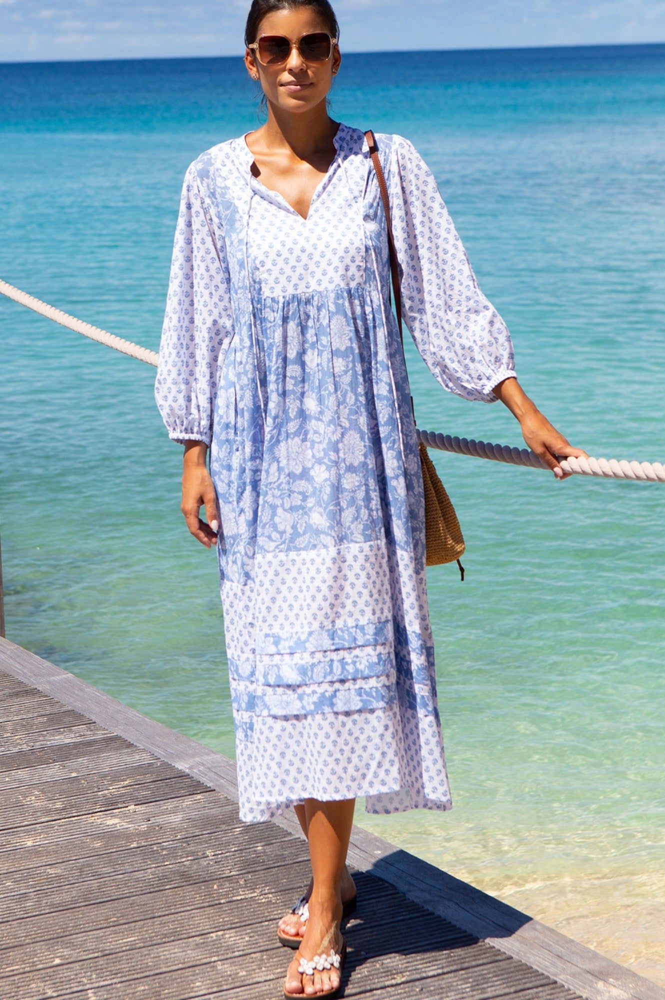 Martha Organic Cotton Floral Print Dress - Blue & White Blossom Design | Women's Casual Summer Dress for Beach, Picnic & Outdoor Activities