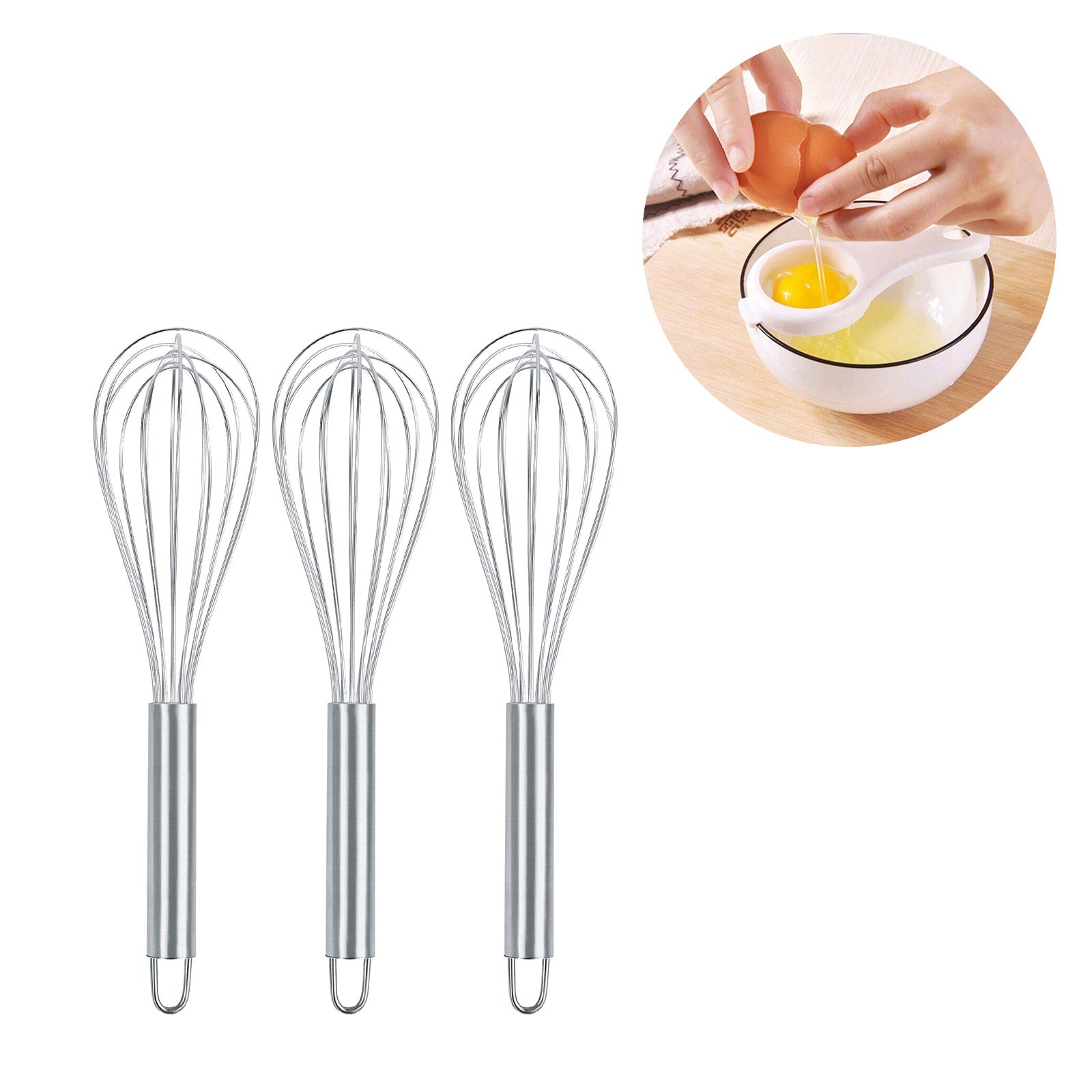3-Pack Stainless Steel 10-Inch Wire Whisks - Durable Handheld Egg Beater for Baking, Cooking, and Mixing - Perfect for Whipping Cream, Eggs, and Batters in Home Kitchen