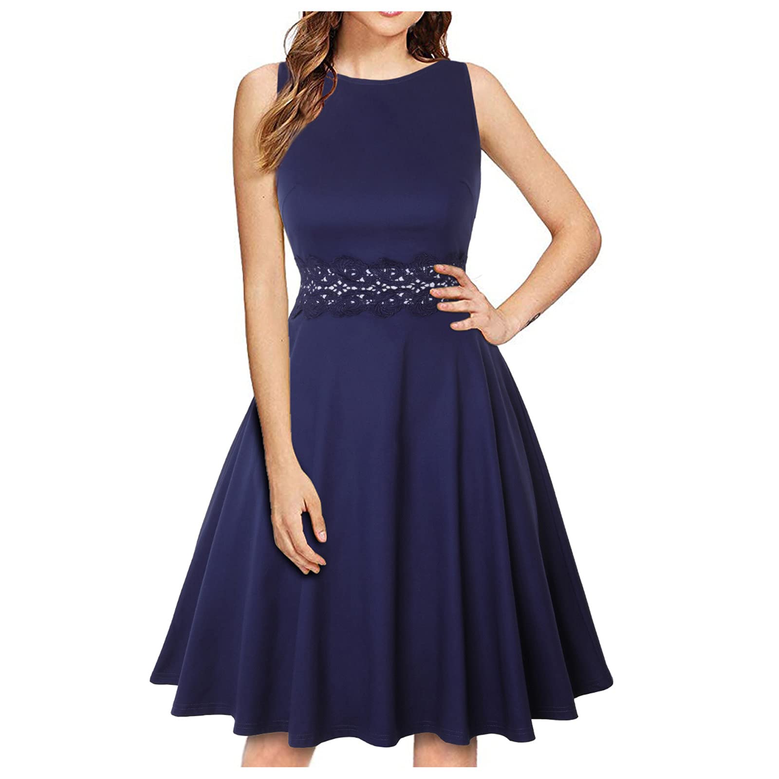 Women's Casual Sleeveless Midi Dress - Flowy Summer Sundress with Lace Trim, O-Neck Solid Color Plus Size Dress for Beach, Vacation & Outdoor Parties
