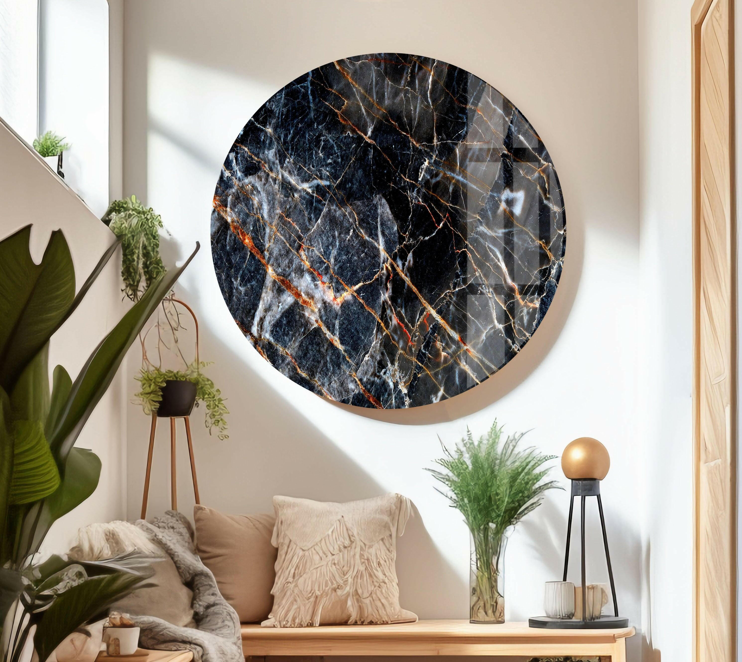Modern Black Abstract Marble Glass Wall Art Decor - Elegant Home & Office Wall Decor for Living Room, Bedroom, Dining Area