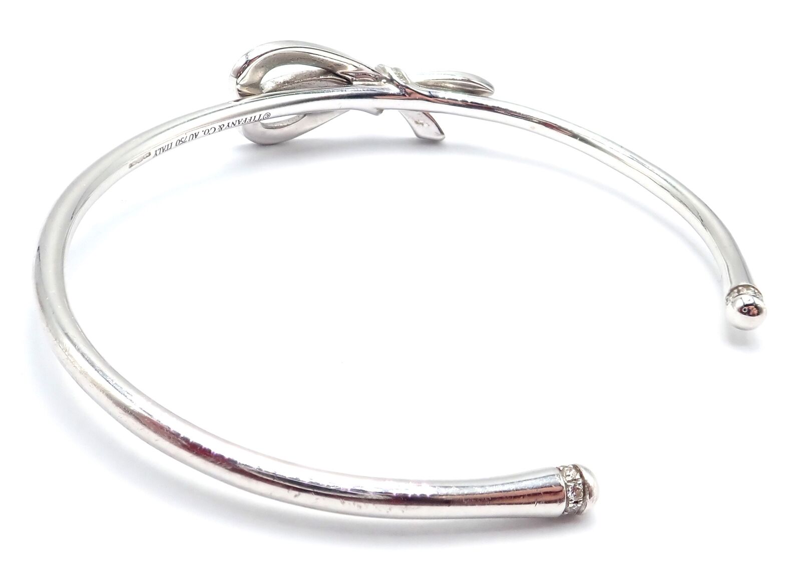 Authentic Tiffany & Co 18K White Gold Diamond Bow Ribbon Bangle Cuff Bracelet - Elegant Jewelry Gift for Women, Perfect for Weddings, Anniversaries & Special Occasions