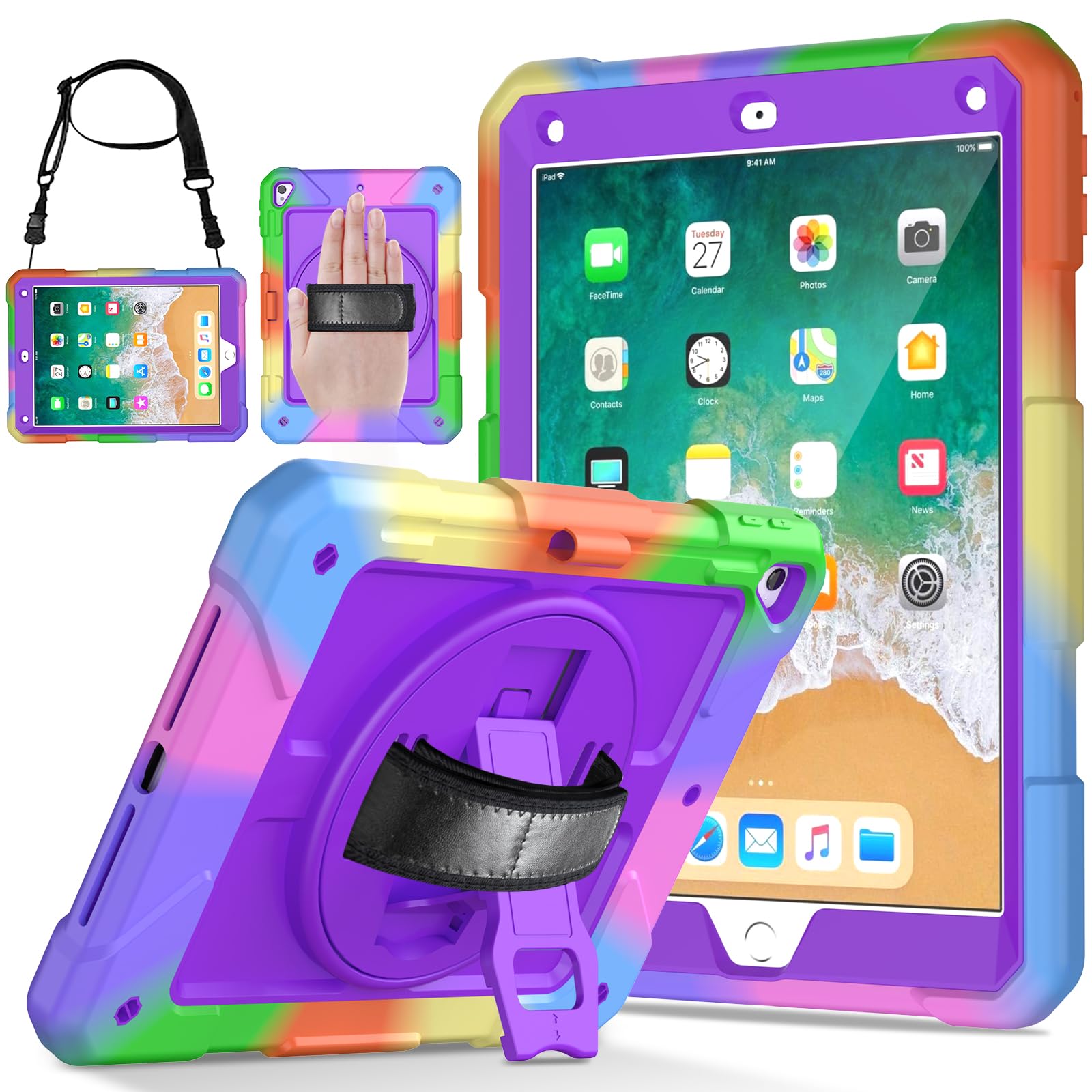LTROP Shockproof iPad Case for 6th/5th Gen & iPad Air 2 (9.7 inch) - Kids Protective Cover with 360° Rotating Stand, Pencil Holder & Hand Strap (Purple) | Perfect for School, Travel & Home Use