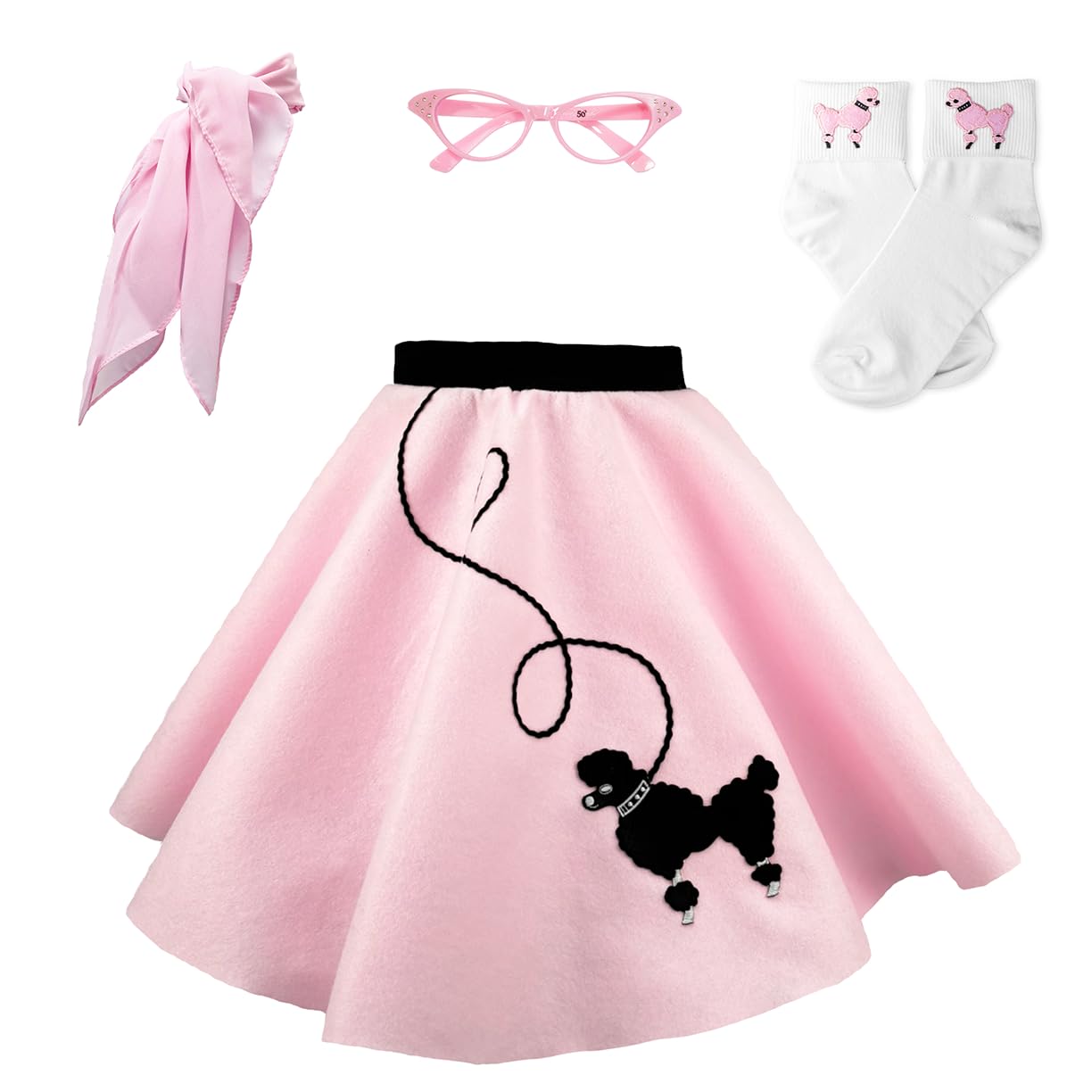 1950s Poodle Skirt Costume for Girls - 4 Piece Retro Outfit with Glasses, Socks & Scarf - 50s Hip Hop Dance Party, Halloween & Themed Dress Up Costume for Kids