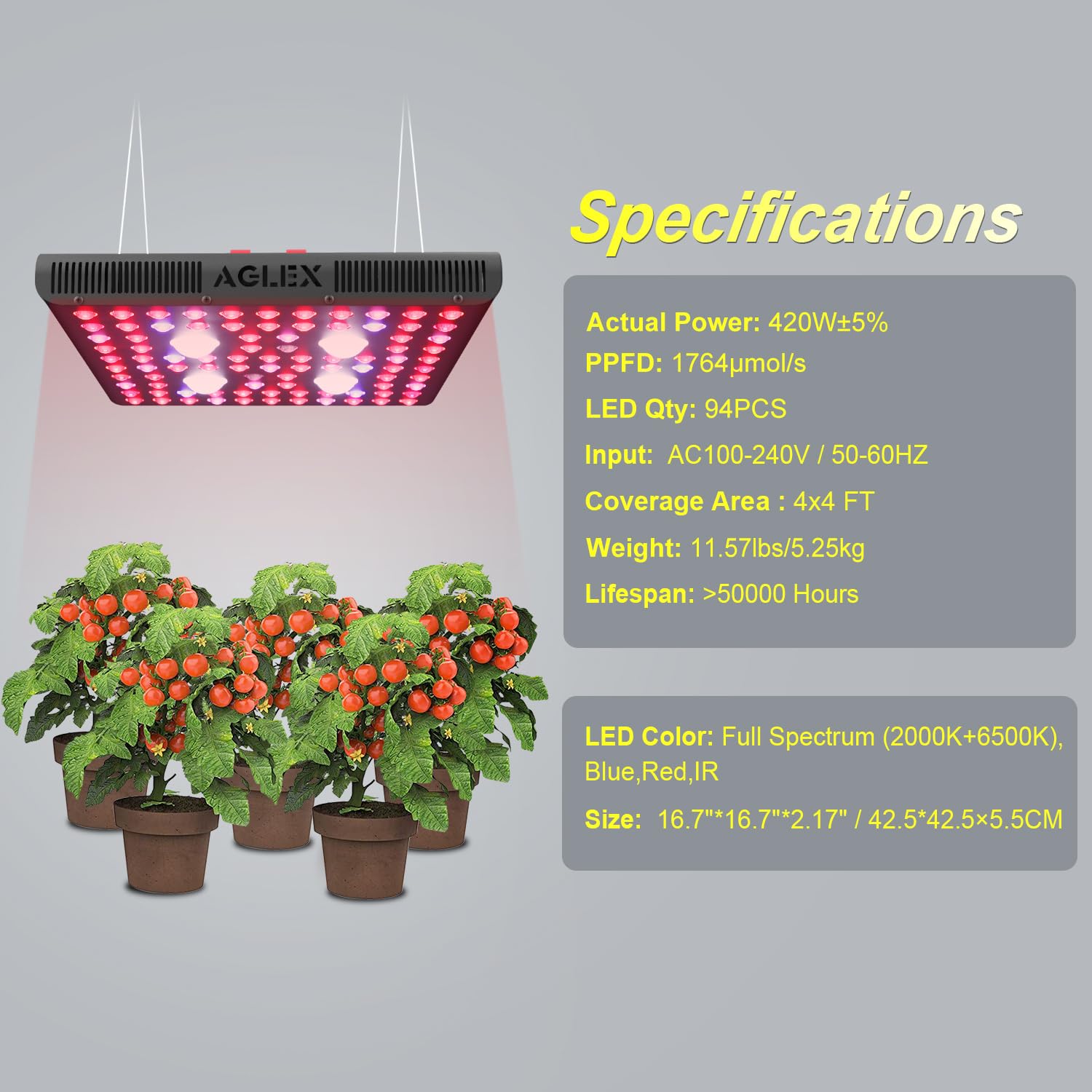 AGLEX 420W COB LED Grow Light Full Spectrum - Daisy Chain, Veg & Bloom Switch for Hydroponic Greenhouse Indoor Plants - Ideal for Vegetables, Flowers, Herbs & Seedlings (Model C2000) | Perfect for Indoor Gardening, Grow Tents & Home Hydroponic Systems