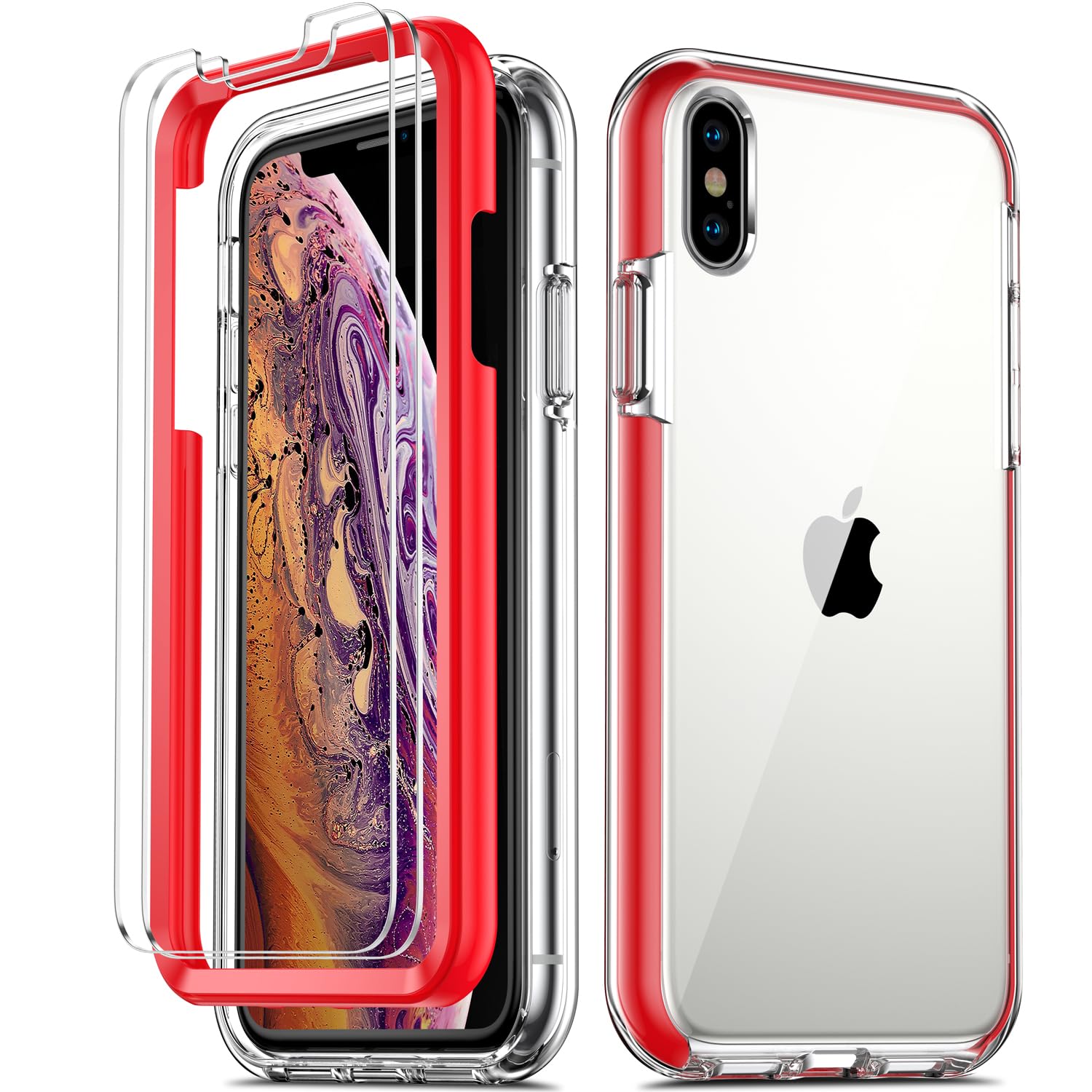 COOLQO iPhone Xs Max Case 6.5 Inch - Clear 360 Full Body Coverage Shockproof Silicone Protective Phone Cover with 2 Tempered Glass Screen Protectors (Red) | Perfect for Everyday Protection, Outdoor Activities & Travel