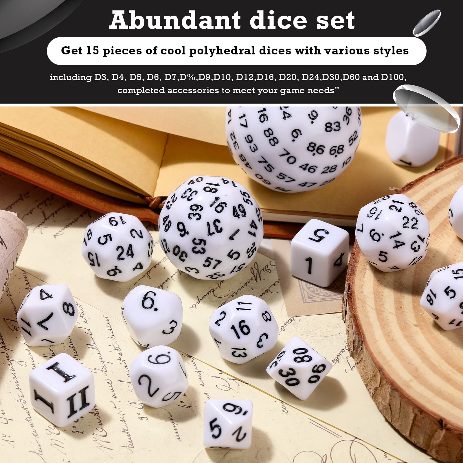 15-Piece Complete Polyhedral Dice Set D3-D100 | Opaque Black & White RPG Dice for Dungeons & Dragons, Pathfinder | Perfect for Tabletop Gaming, Role-Playing Parties & Board Game Nights