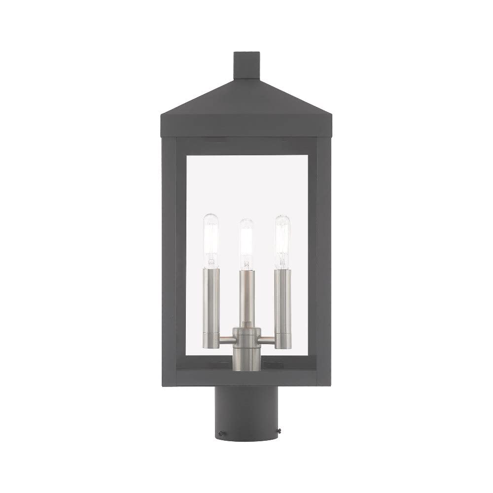 Livex Lighting 3-Light Black Outdoor Post Top Lantern with Nickel Finish - Perfect for Porch, Patio, Garden, and Pathway Lighting