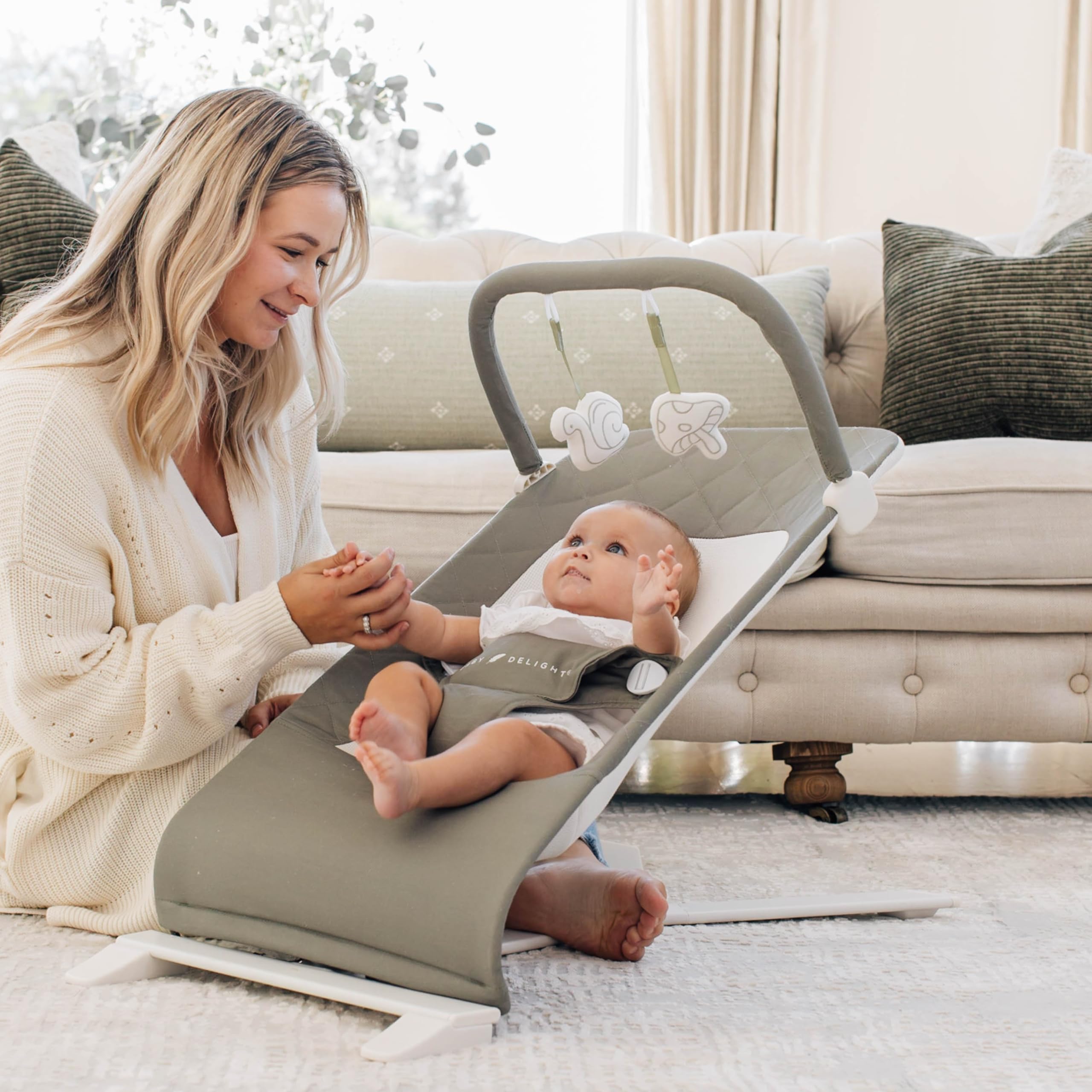 Baby Delight Alpine Deluxe Portable Baby Bouncer - Infant Rocker for 0-6 Months | 100% GOTS Certified Organic Cotton Fabric in Sage Green | Perfect for Nursery, Travel & Soothing Newborns