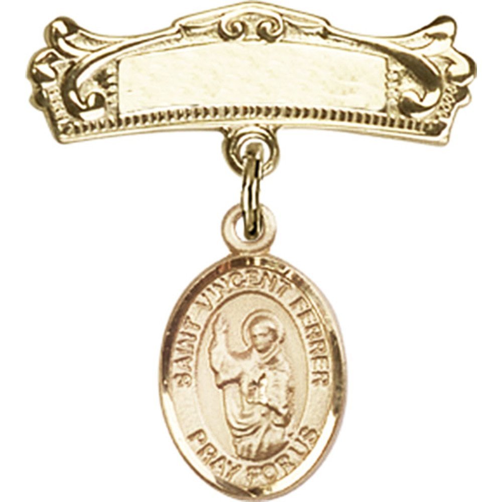 Gold Filled Baby Badge with St. Vincent Ferrer Charm - 7/8 X 3/4 Inch Arched Polished Pin - Perfect for Baptism Gifts, Christening Jewelry & Religious Keepsakes