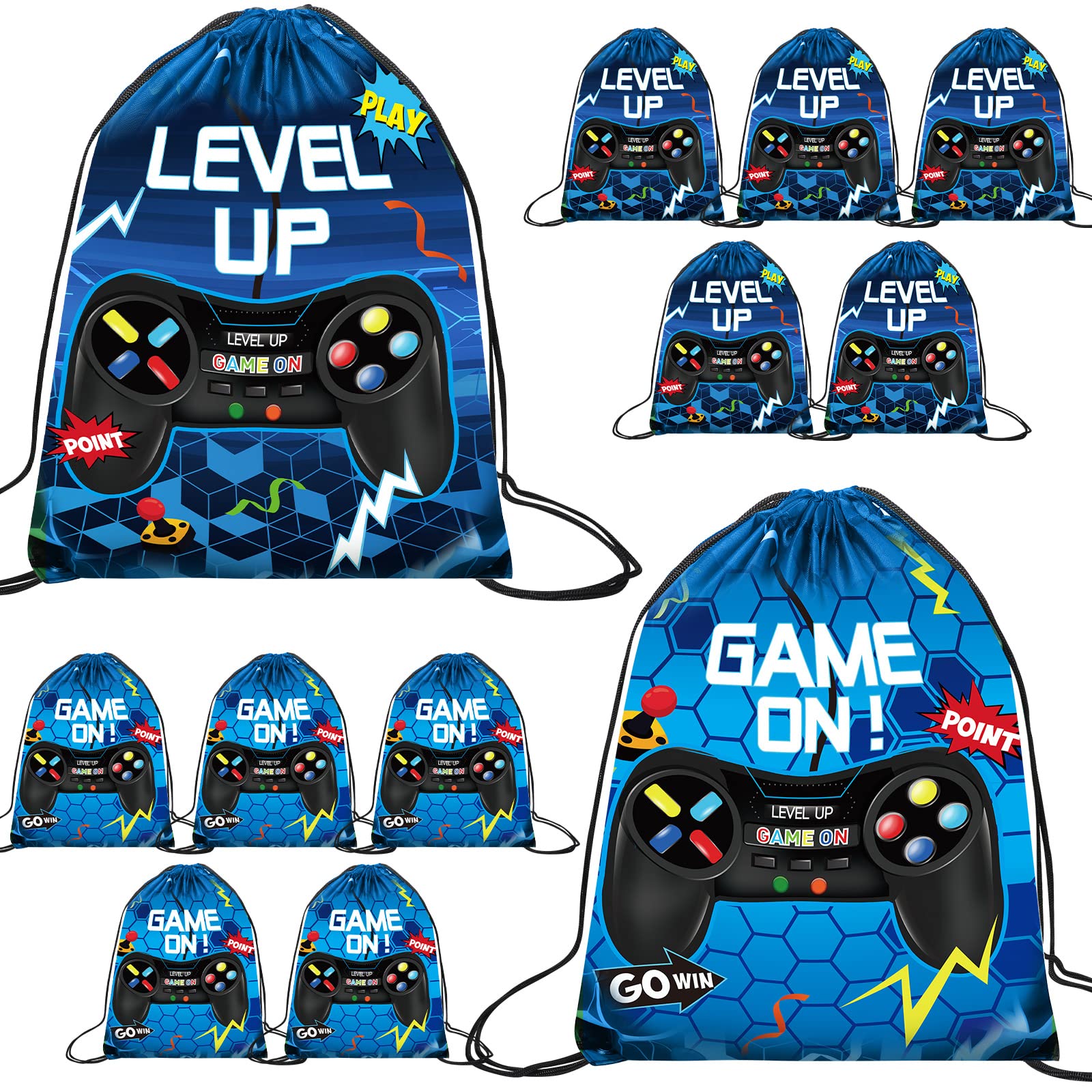 10 Pack Blue Video Game Drawstring Favor Bags 17x13 Inch - Perfect for Birthday Parties, Loot Bags, and Gaming Themed Events