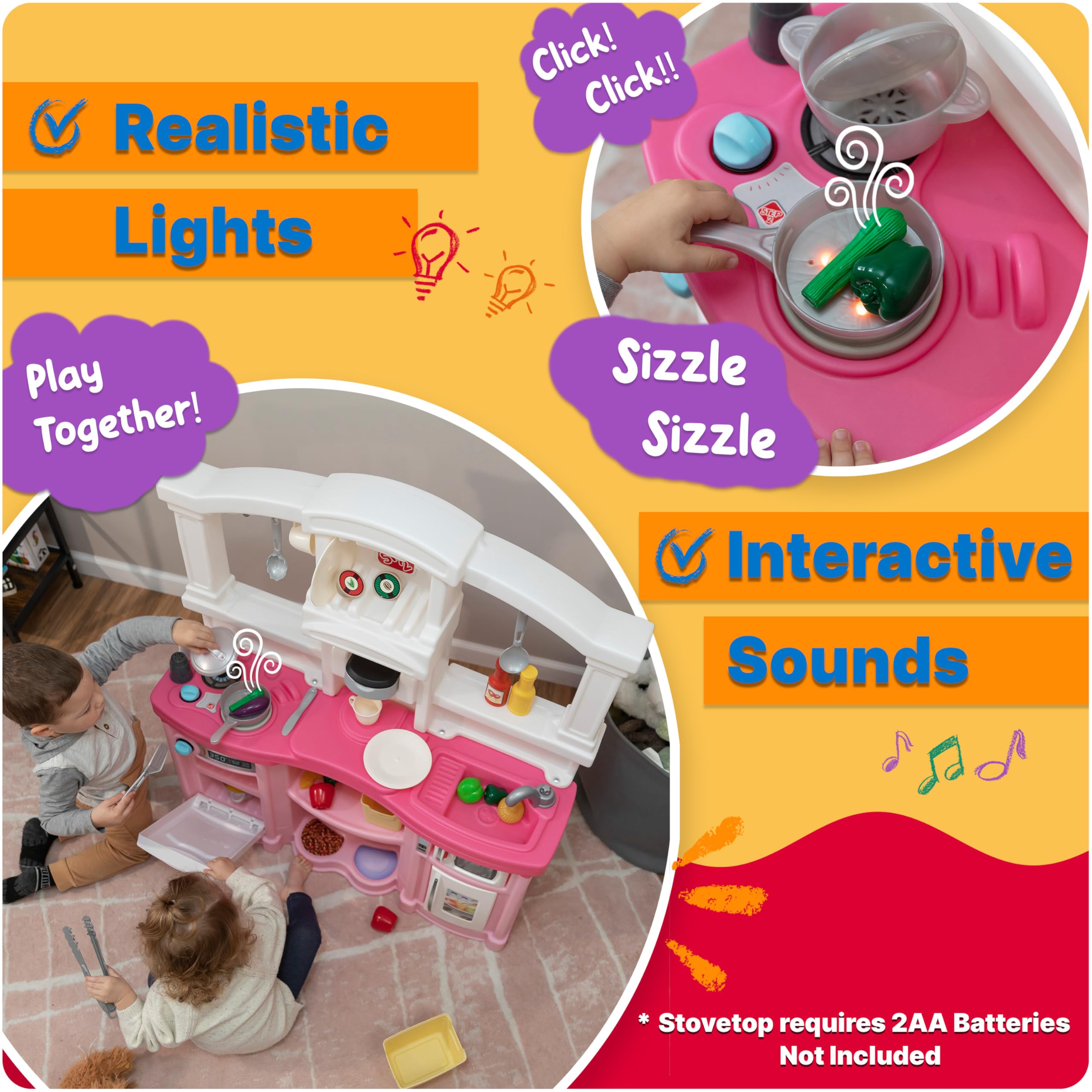 Step2 Fun with Friends Kids Kitchen Playset - Interactive Indoor/Outdoor Play Kitchen with Lights & Sounds | 25-Piece Toy Accessories | Durable Plastic for Toddlers 2+ Years (Gray) - Perfect for Pretend Play, Birthday Gifts & Early Learning Development