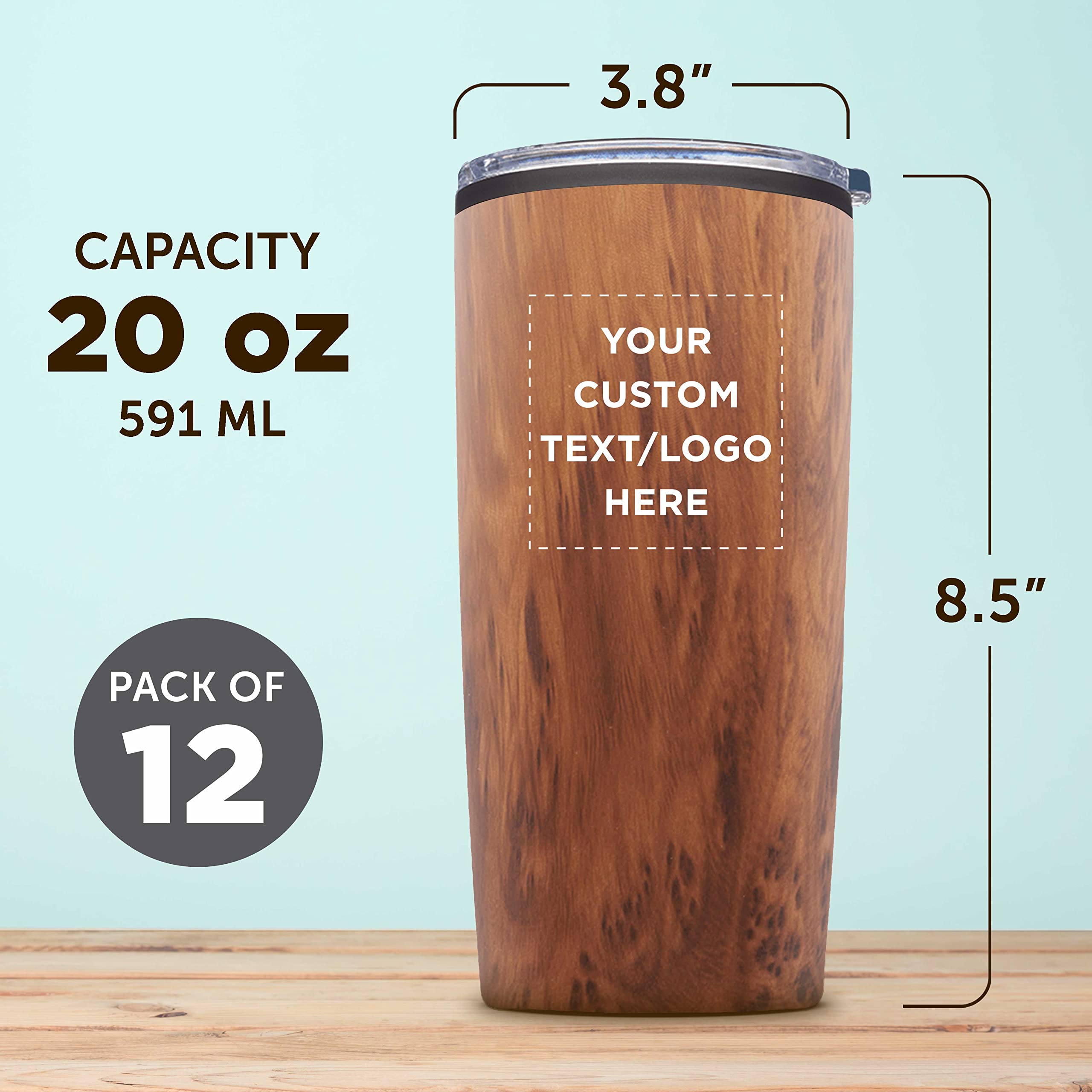 12-Pack Custom 20 oz Plastic Tumblers with Lids - Insulated Personalized Coffee Cups for Travel, Office & Outdoor Use - Bulk Pack Wood Design