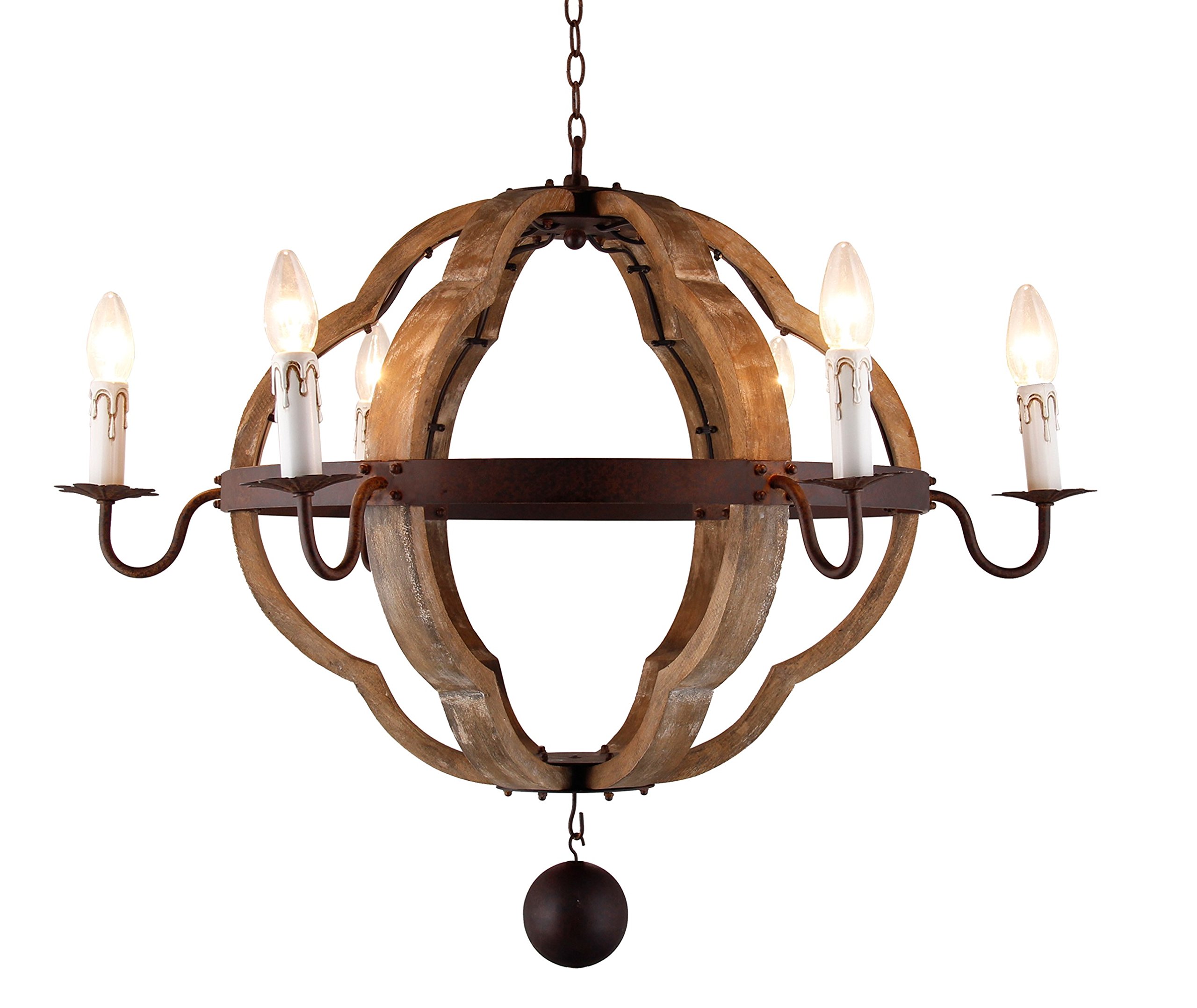 6-Light Quatrefoil Chandelier - French Country Wooden Lantern Wine Barrel Pendant Light Fixture - 31.5