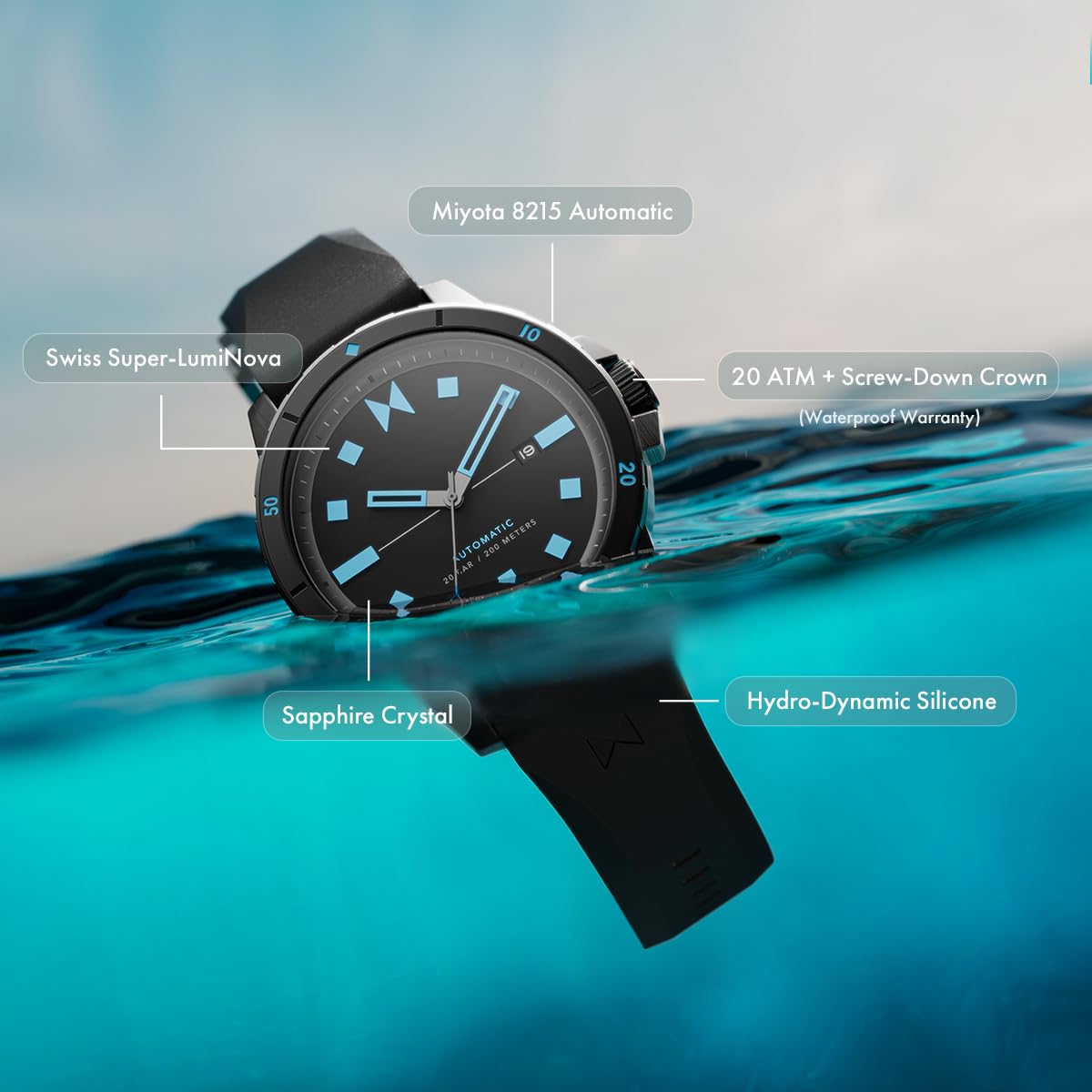 MVMT Men's Minimalist Sport Automatic Watch - Waterproof, Stainless Steel, Casual & Dress Wear for Everyday, Work & Outdoor Activities
