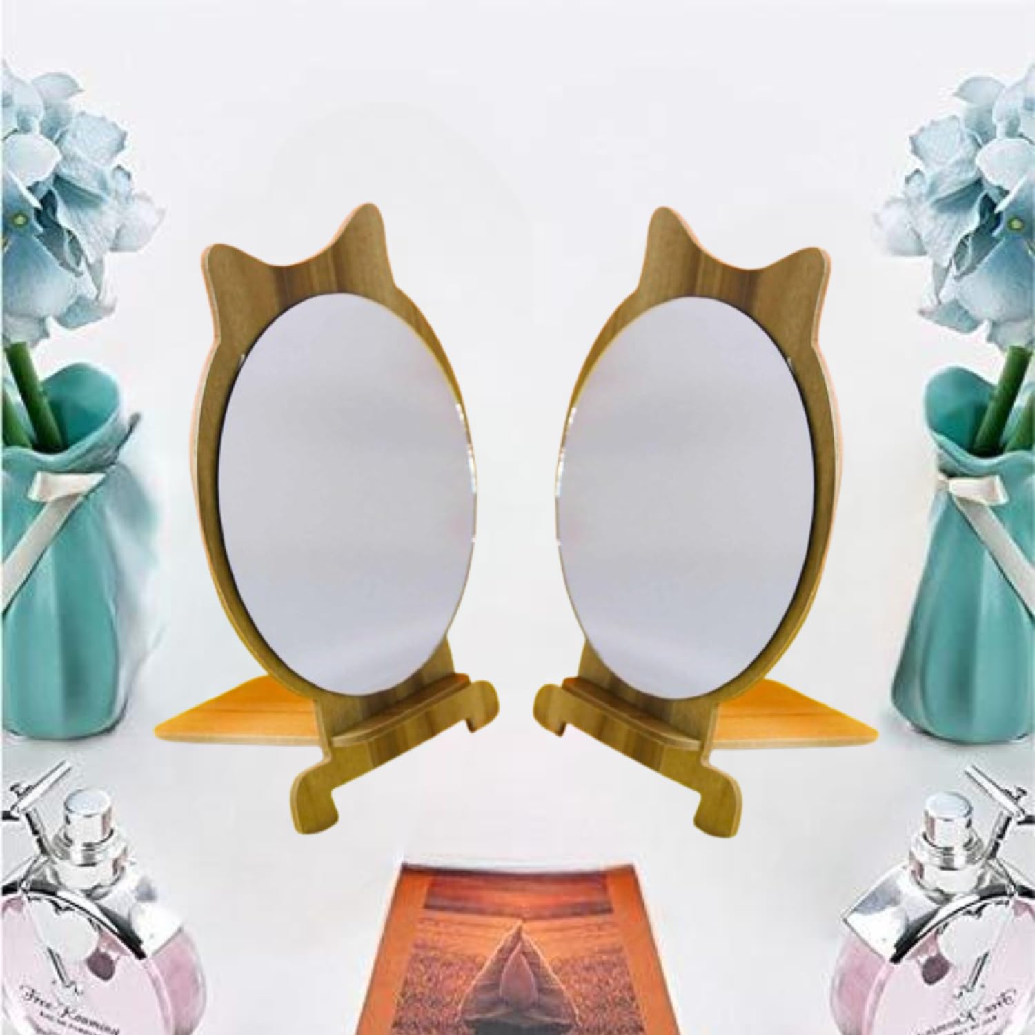 GRACIOUS MART - Wood Framed Standing Table Mirror for Makeup & Vanity - Round Desktop Mirror with Floor Mount - Perfect for Bedroom Dressing Table, Bathroom & Cosmetics Organization (Pack of 1)