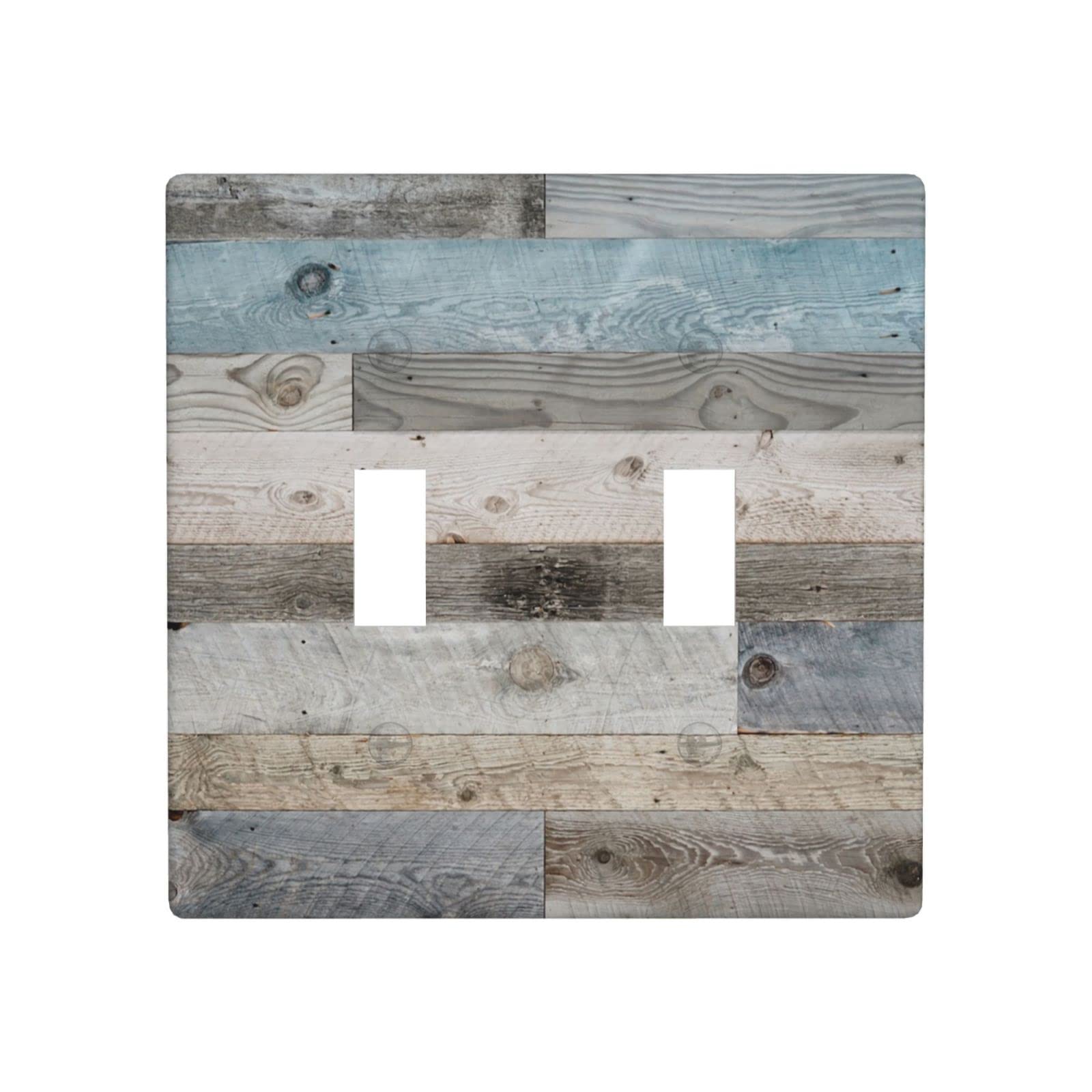 Rustic Double Toggle Light Switch Cover Wall Plate - 2 Gang Switch Plate Covers, Farmhouse Decorative Light Switch Cover Plate (4.5 x 4.5 Inch, Blue Grey Wood Print) - Perfect for Bedroom, Living Room & Home Decor