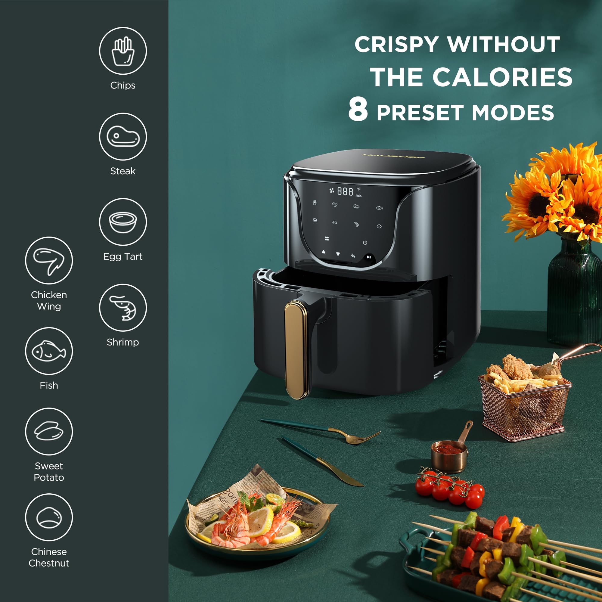 HAUSHOF 5.8 QT Digital Air Fryer Oven - Oil-Free Cooker with 8 Preset Functions for Roasting, Baking, Reheating & Fast Cooking | Includes Nonstick Tray | Perfect for Small Kitchens, Dorms & Healthy Meal Prep (Black)