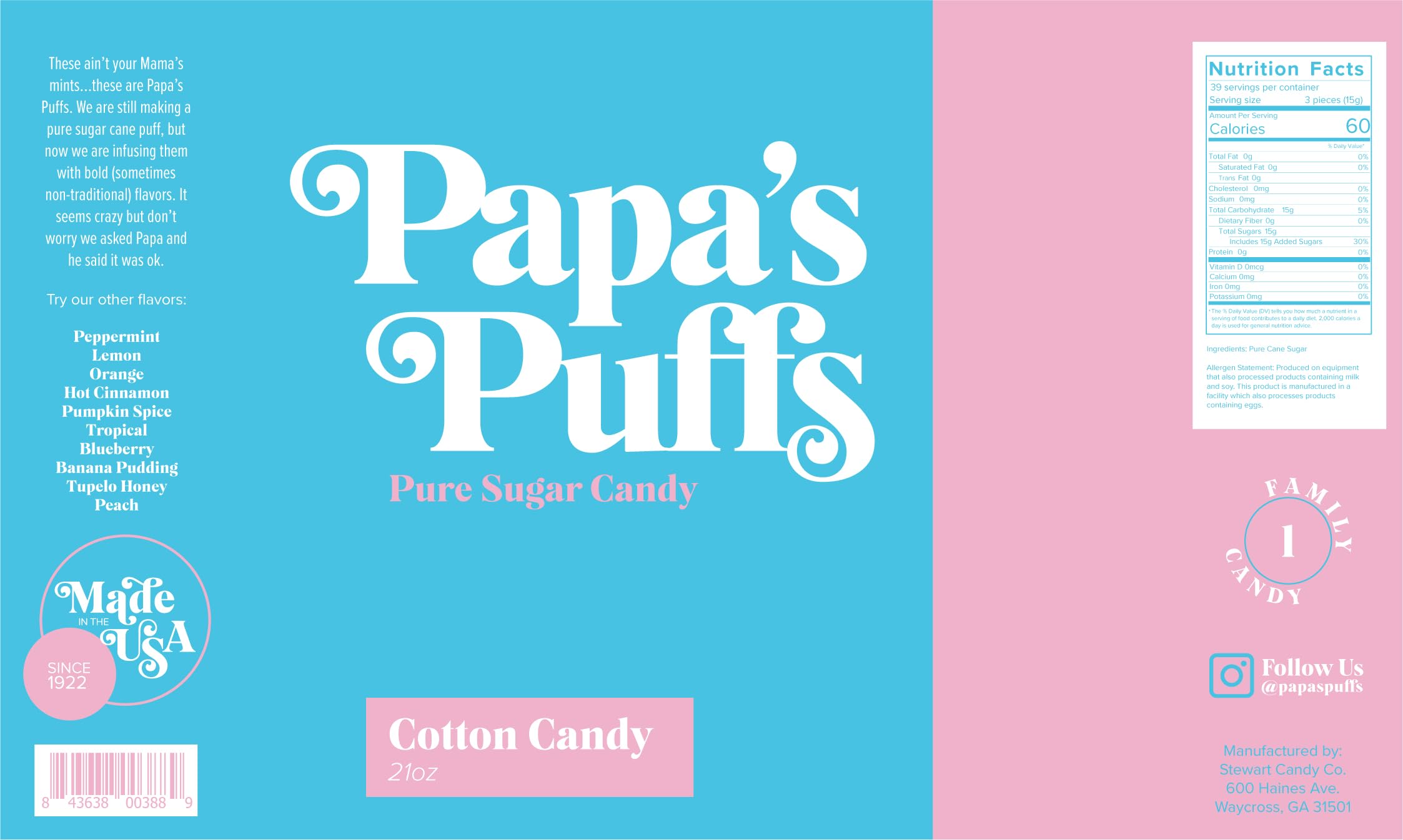 Papa's Puffs Cotton Candy Flavored Pure Sugar Candy - Individually Wrapped Resealable Tub - Fat Free, Gluten Free, Cholesterol Free - Made in USA - Perfect for Parties, Gifts & Sweet Cravings