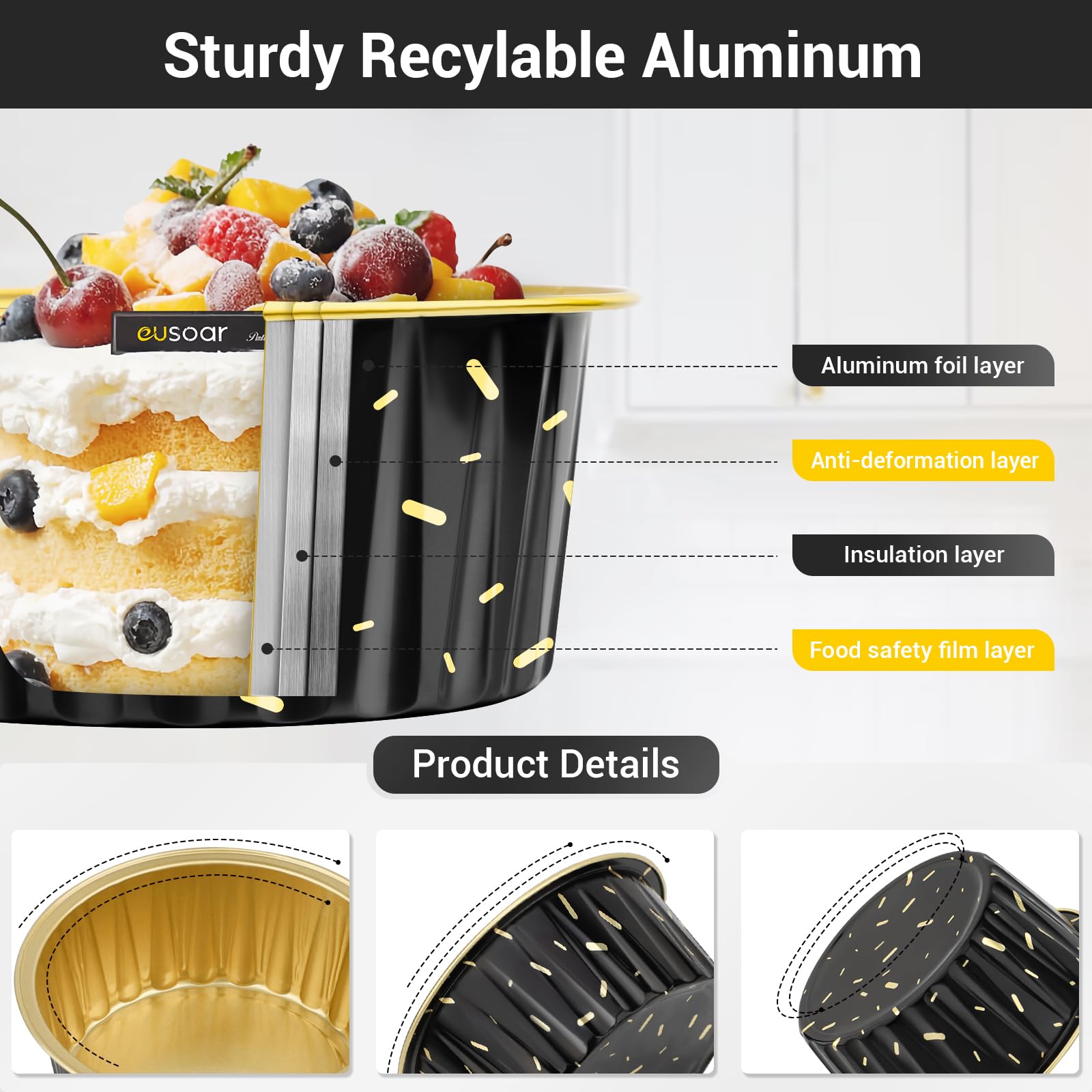 EUSOAR 100pcs 5oz Aluminum Foil Baking Cups with Lids - 125ml Muffin Liners for Cupcakes, Puddings & Desserts | Perfect for Home Baking, Party Treats & Holiday Cooking