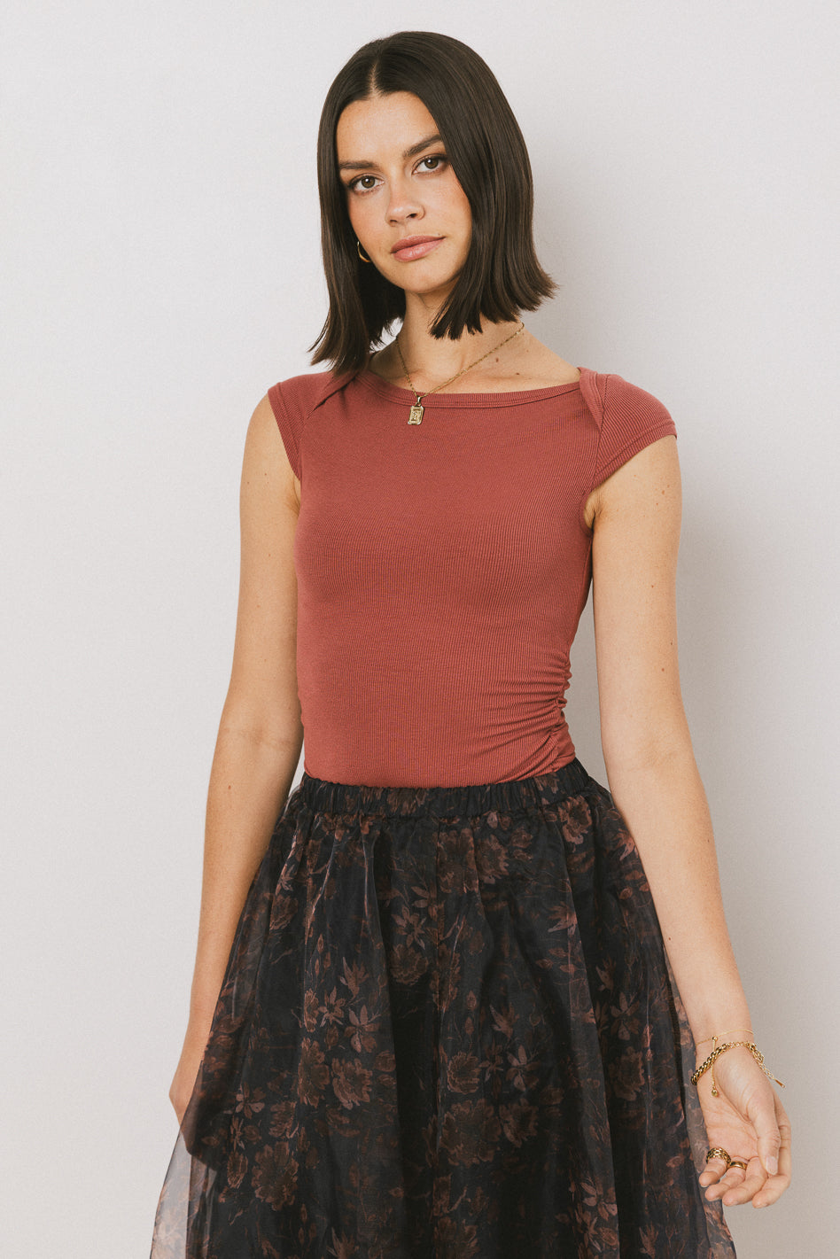 Leia Cap Sleeve Basic Top for Women - Soft Stretch V-Neck T-Shirt in Berry Color | Casual Wear, Layering, Office Outfits & Everyday Comfort