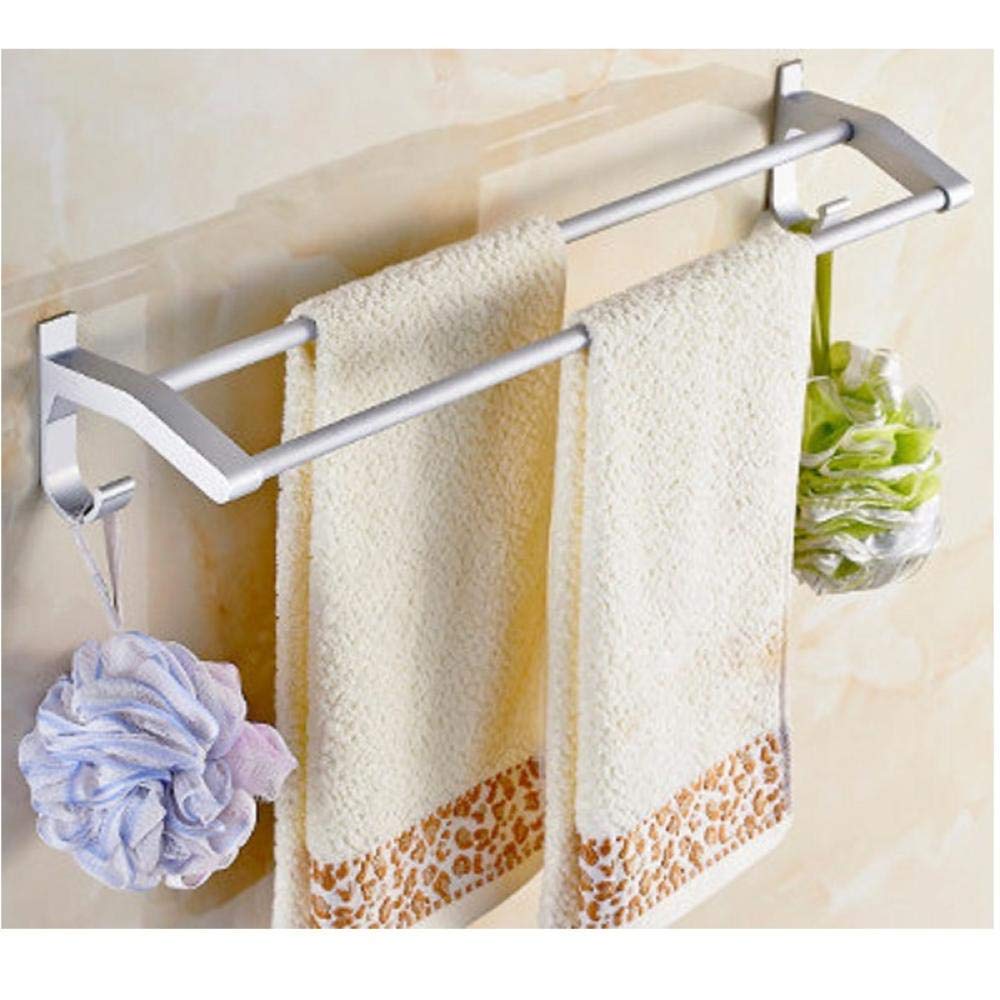 Space Aluminum White Double Rod Towel Rack with Hooks - 60CM Punch-Free Wall Mounted, Easy to Install & Fast Drying - Perfect for Bathroom, Kitchen, Laundry Room Organization