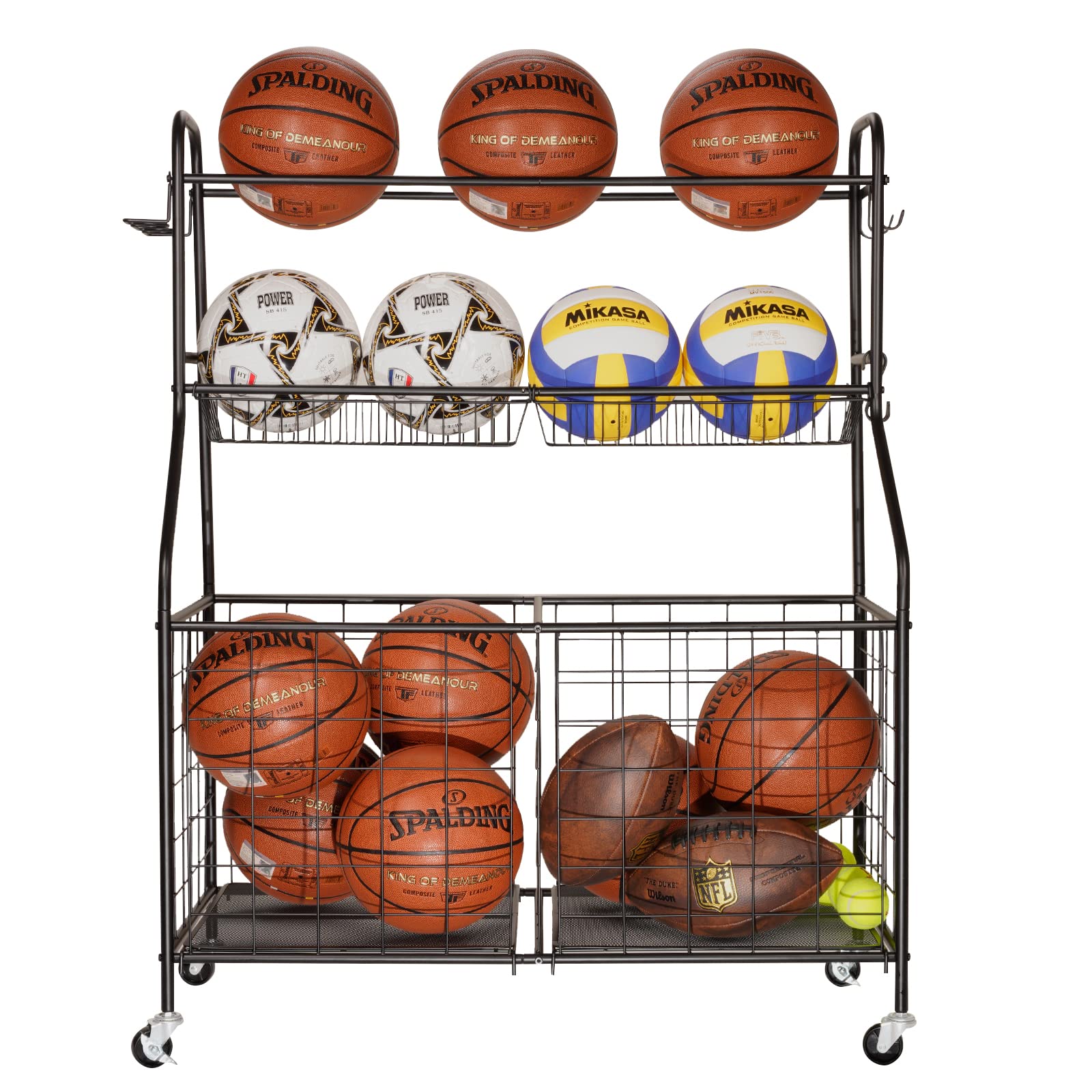 Steel Black Sports Equipment Organizer - Rolling Basketball Rack & Nerf Gun Storage for Garage, Indoor & Outdoor Use - Heavy-Duty Toy & Gear Organization System (WEY007) - Perfect for Home Gym, Playroom & Backyard Sports Storage