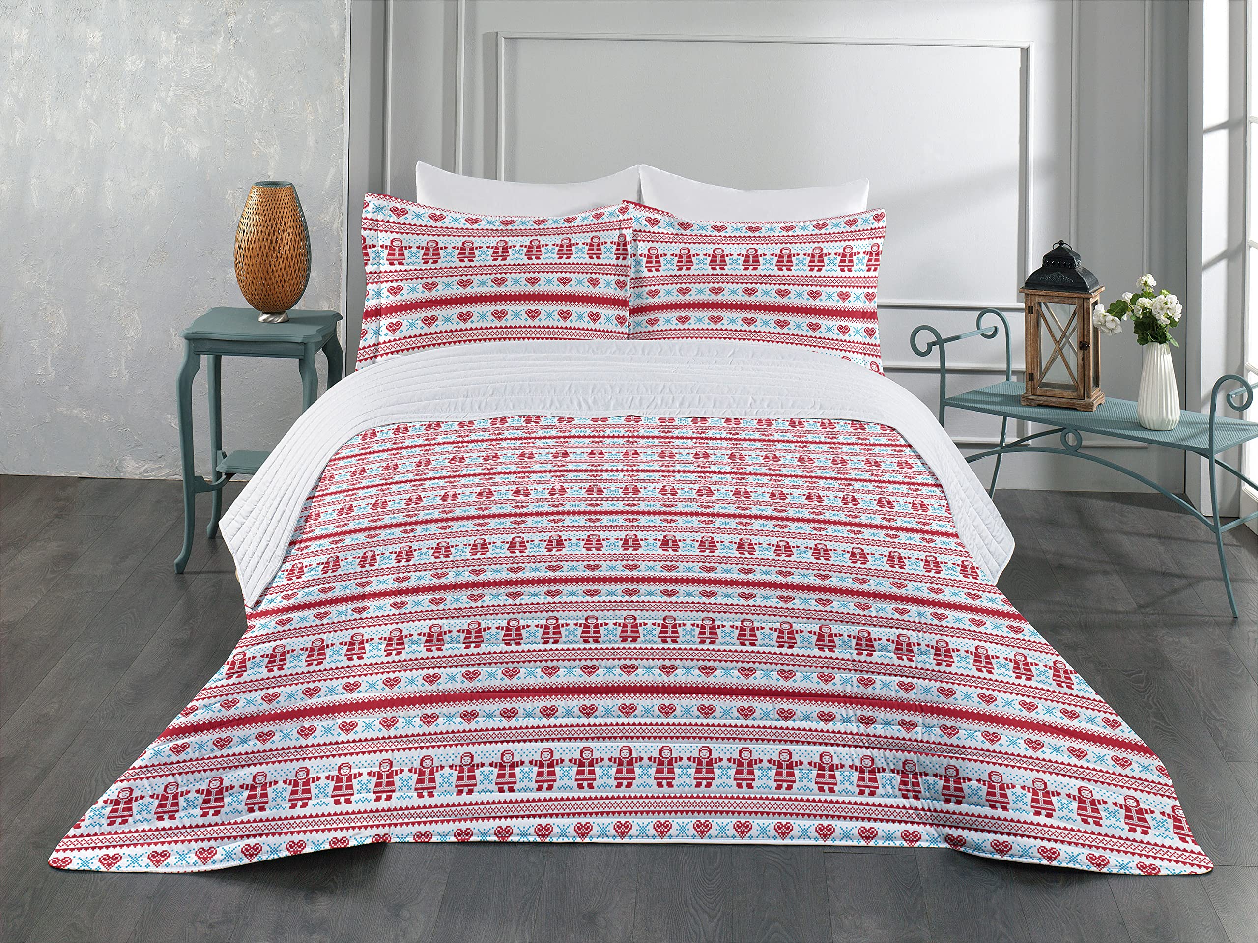 Ambesonne Nordic Microfiber Bedspread Set - Christmas Winter Scandinavian Design with European Motifs, Soft King Size Bedding Set Includes Pillow Shams & Comforter in Red Sky Blue White - Perfect for Holiday Decor & Cozy Winter Bedrooms