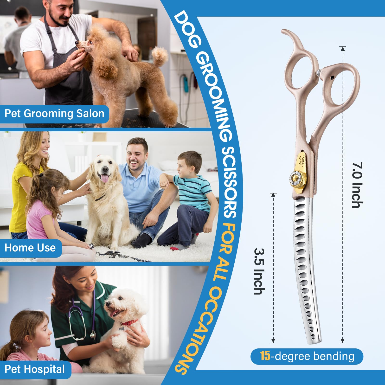JASON Professional 7 Inch Curved Chunker Shears - Japanese 440C Stainless Steel Dog Grooming Scissors with 21 Fishbone Teeth & Diamond Screw (Rose Gold) - Perfect for Professional Pet Grooming, Styling, and Trimming Thick Dog Coat