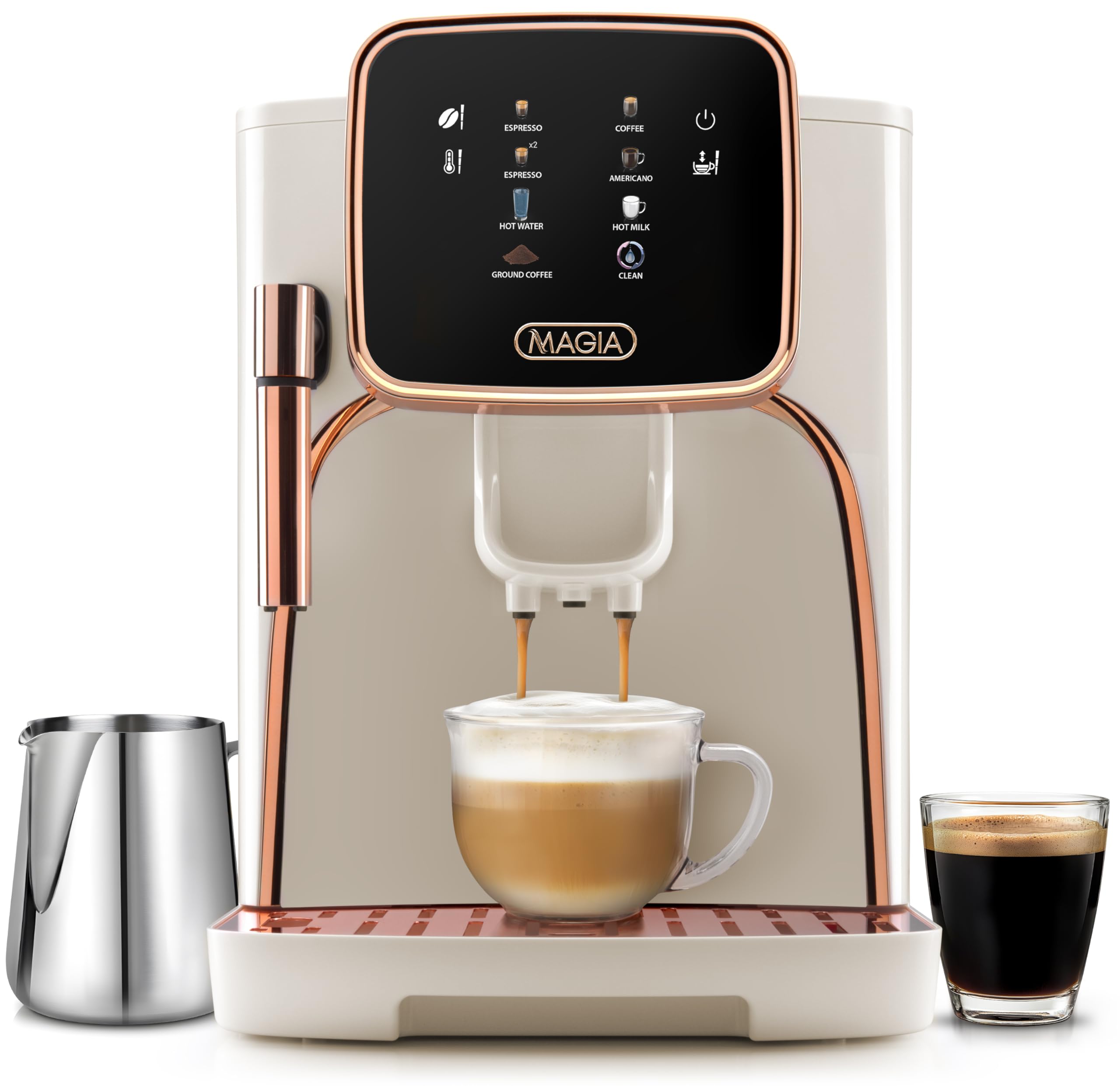 Zulay Kitchen Magia Clasica Fully Automatic Espresso Machine with Built-in Grinder - Touch Screen Coffee Maker for Latte, Cappuccino & Macchiato - One-Touch Operation & Milk Frother - Cream Copper Finish - Perfect for Home, Office & Coffee Shop Use