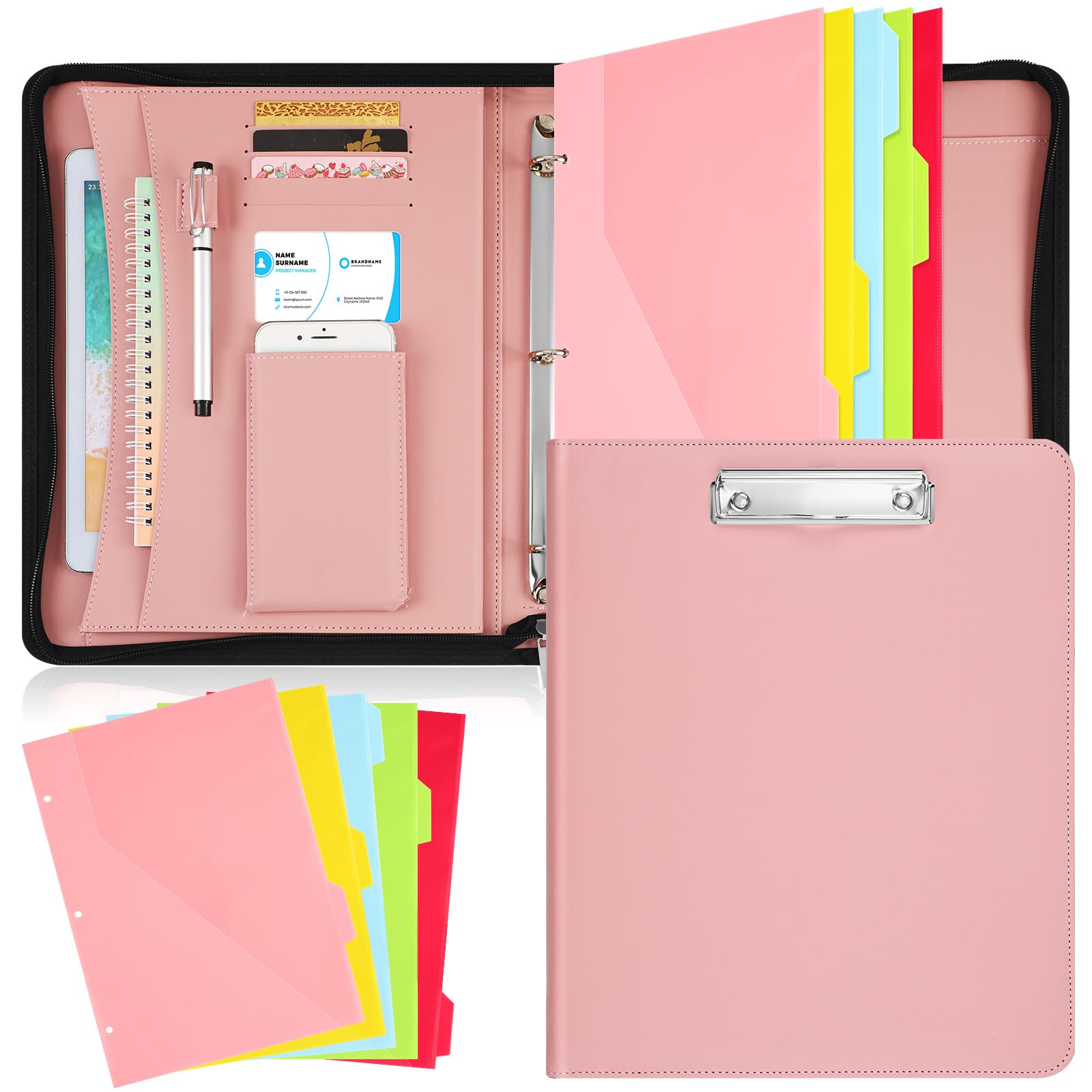 Premium Leather Zippered Padfolio Organizer with 3-Ring Binder - 5 Folder Dividers for Tablet, Resume & Documents - Business Portfolio with Card Holder (Pink) | Ideal for Professionals, Job Interviews & Office Organization