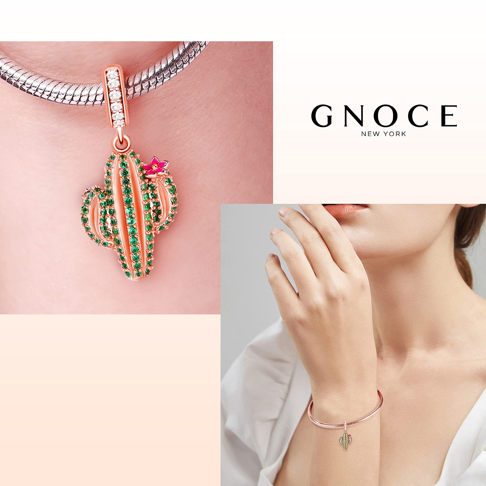 GNOCE 925 Sterling Silver Cactus Charm Beads for Bracelets & Necklaces - Rose Gold Plated with Green Cubic Zirconia, Unconditional Love Dangle Charm - Perfect for Christmas Gifts, Boho Jewelry & Everyday Wear