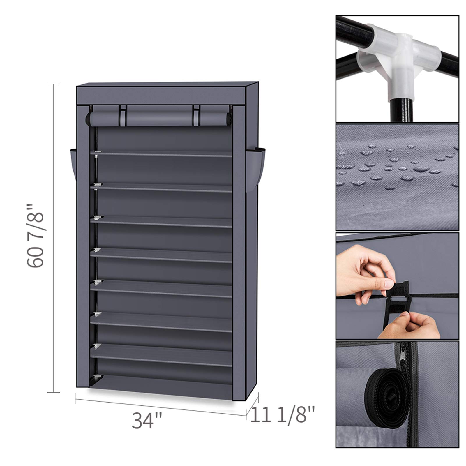 10-Tier Non-Woven Fabric Shoe Rack with Dustproof Cover & Side Pockets - Space Saving Shoe Storage Organizer for Closet, Bedroom, Garage - Dark Grey - Perfect for Small Spaces & Shoe Collection Organization