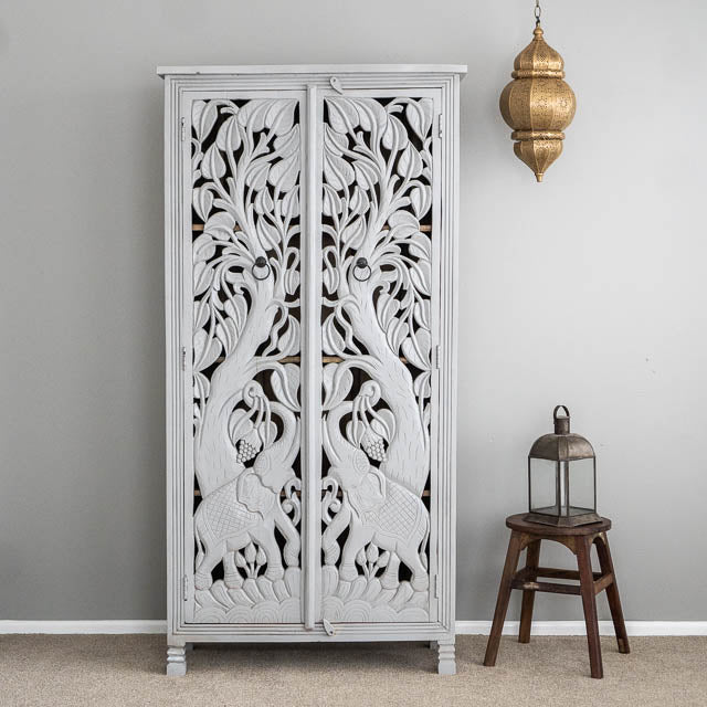 Hand Carved Indian Jungle Elephant Armoire Wardrobe - White Wooden Storage Cabinet for Bedroom & Living Room | Vintage Home Decor & Furniture Organizer