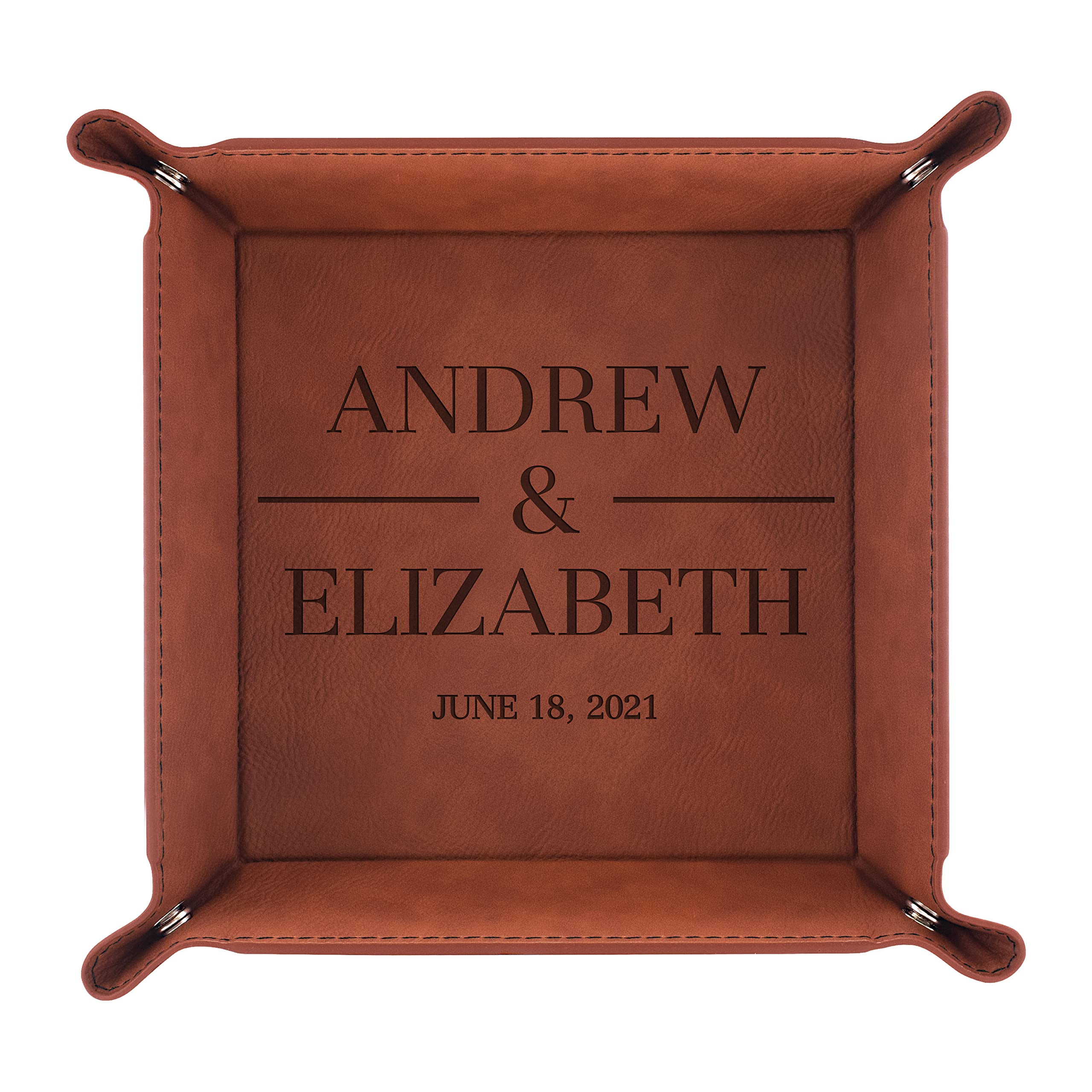 **Personalized Engraved Leather Tray for Couples - Custom Name & Date - Anniversary & Housewarming Gift for Newlyweds - Brown Catchall Tray - Entryway Table Decor - Perfect for Keys, Jewelry & Coins**