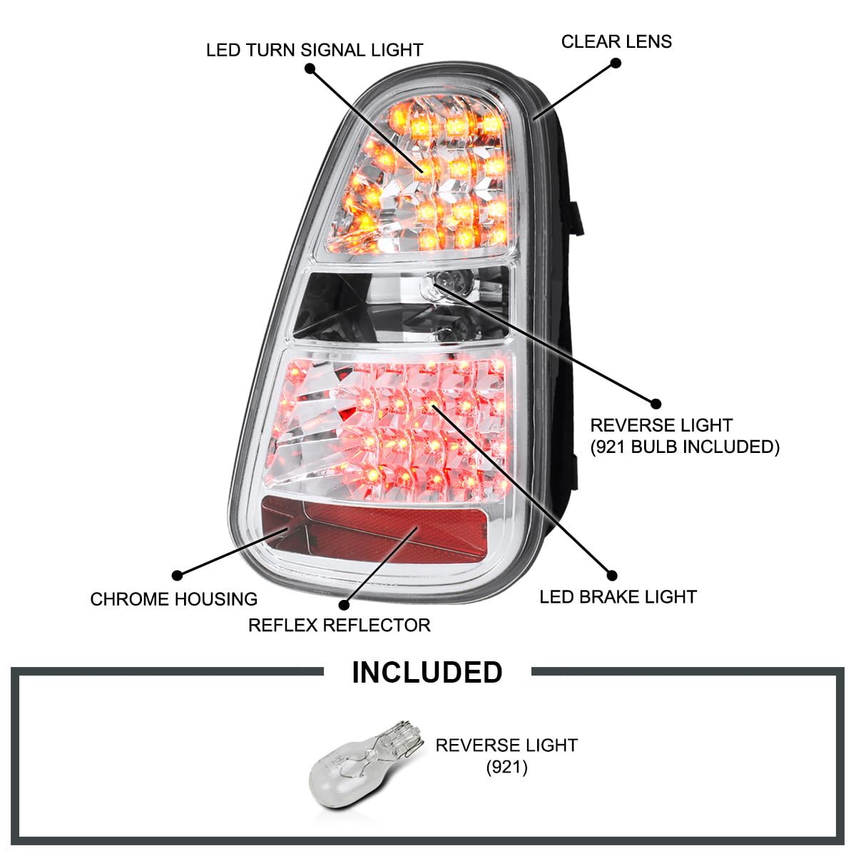 Spec-D Tuning Chrome Housing Clear Lens LED Tail Lights for 2005-2006 Mini Cooper S - Left & Right Pair Assembly - Upgrade Car Rear Lights for Enhanced Visibility & Style