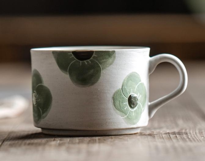Handmade Rustic Pottery Coffee Cup and Saucer Set - Spring Floral Cappuccino Tea Mug for Home, Cafe & Gift Use