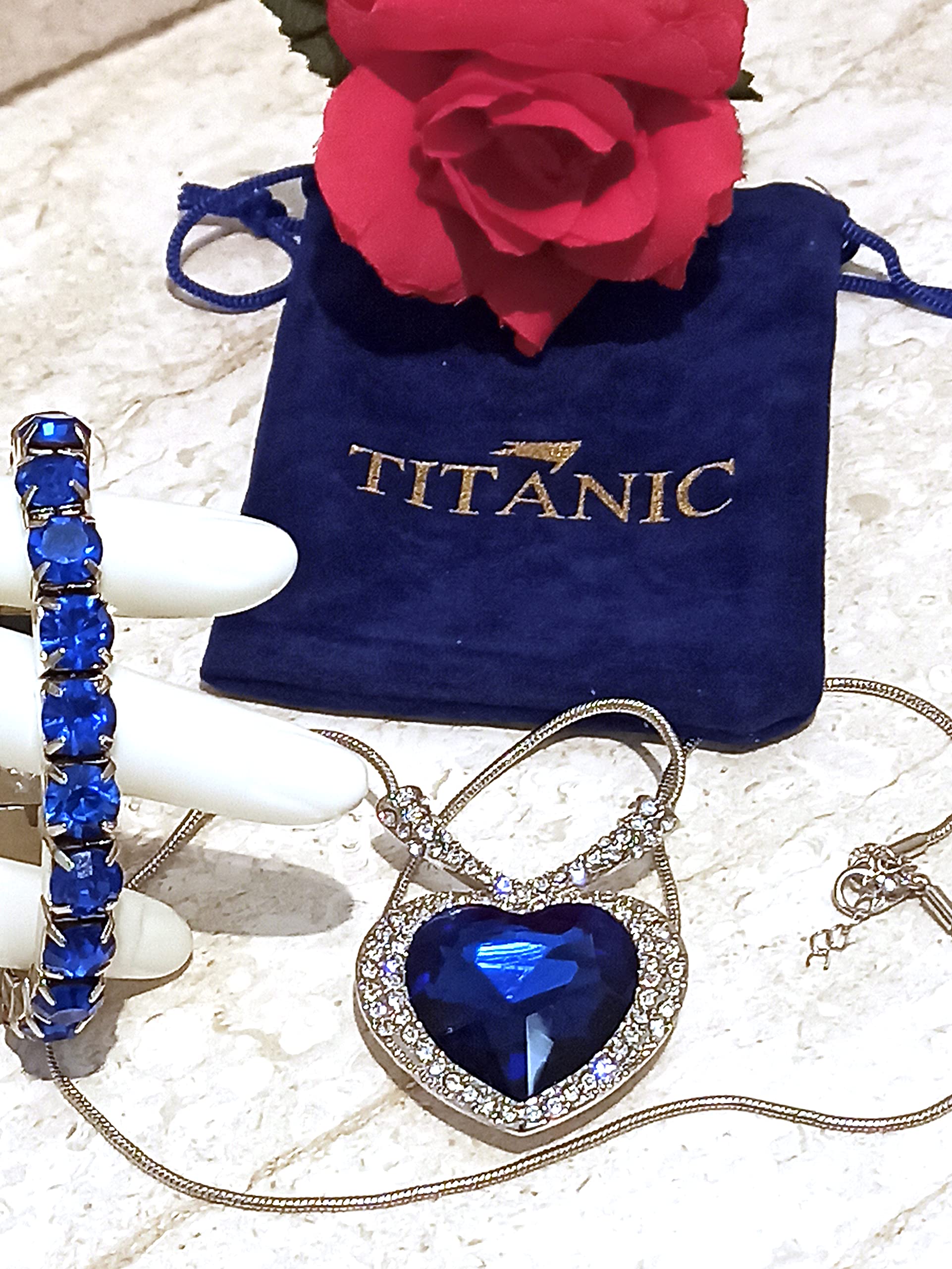 Exquisite Handcrafted Fabergé Egg Titanic Passion Jewelry Set - Silver Heart of the Ocean Necklace & Tennis Bracelet with Natural Sapphire, Unique Anniversary & Valentine's Gift for Weddings, Romantic Occasions and Special Celebrations