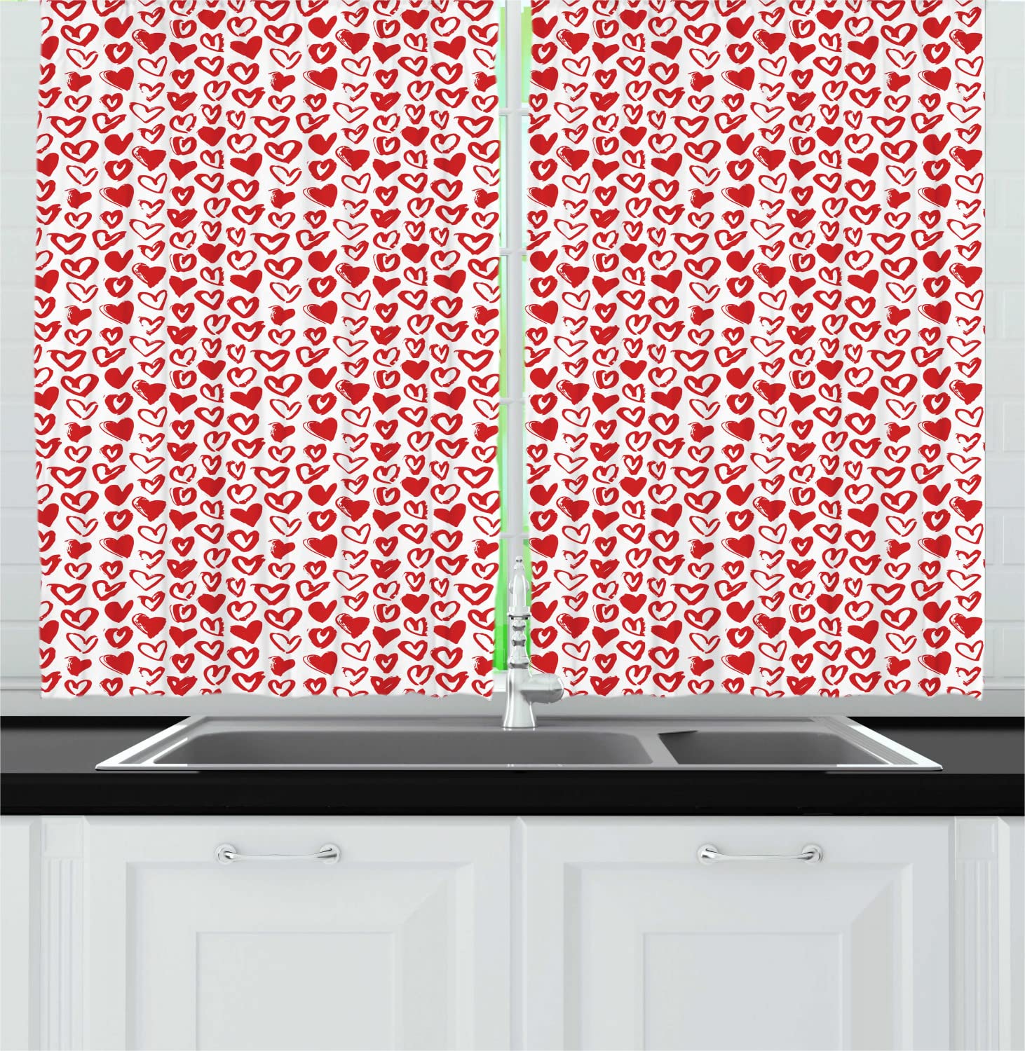 Ambesonne Valentine's Day Kitchen Curtains - Romantic Heart Print Long Drapes with Rod Pocket, 55