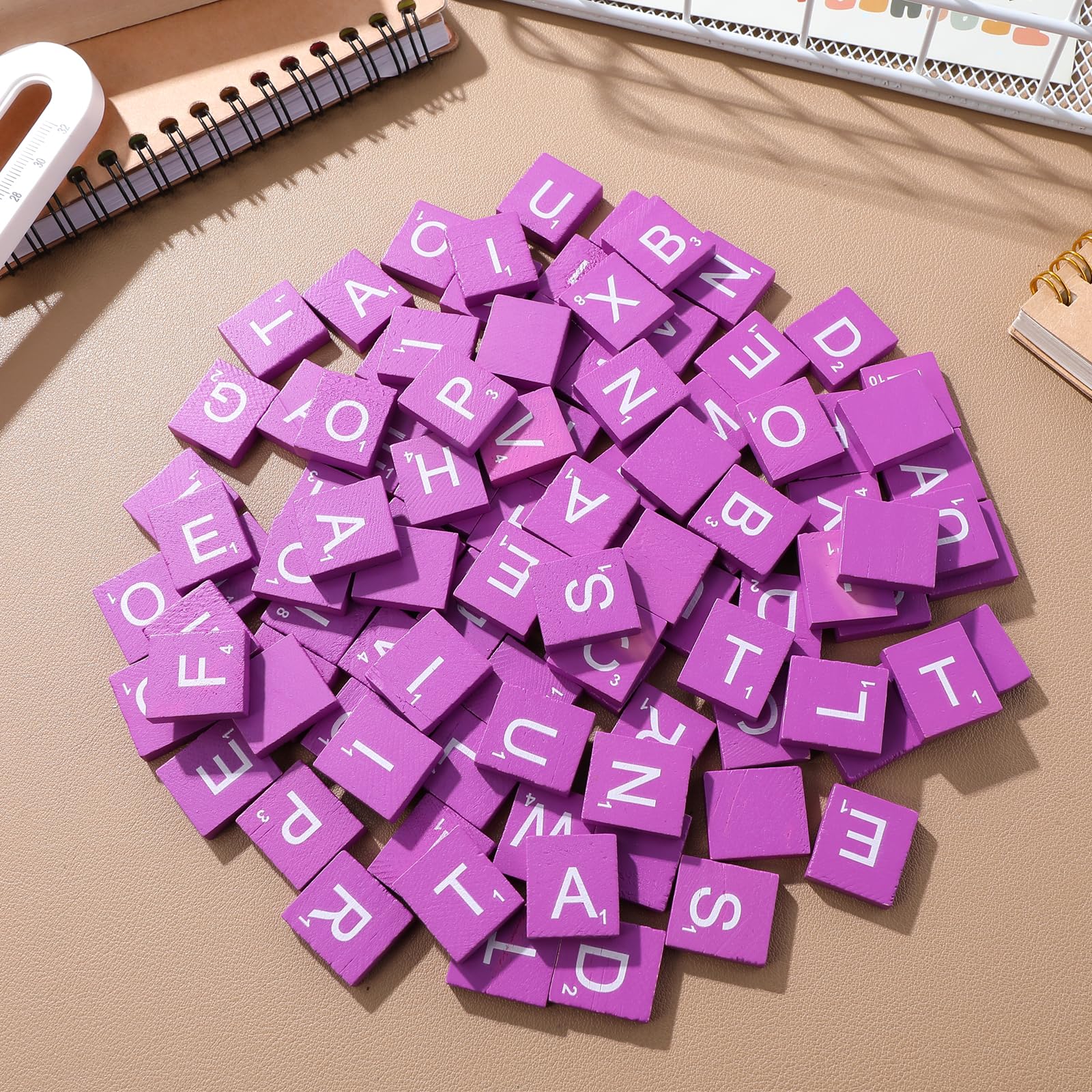 100pcs Self-Adhesive Vinyl Letter Stickers - Wooden Alphabet Tiles for Phonics, Spelling & Learning - Perfect for DIY Crafts, Wedding Decor, Baby Toys & Educational Activities - Reusable Wood Chips in Bamboo Storage Box (Purple)
