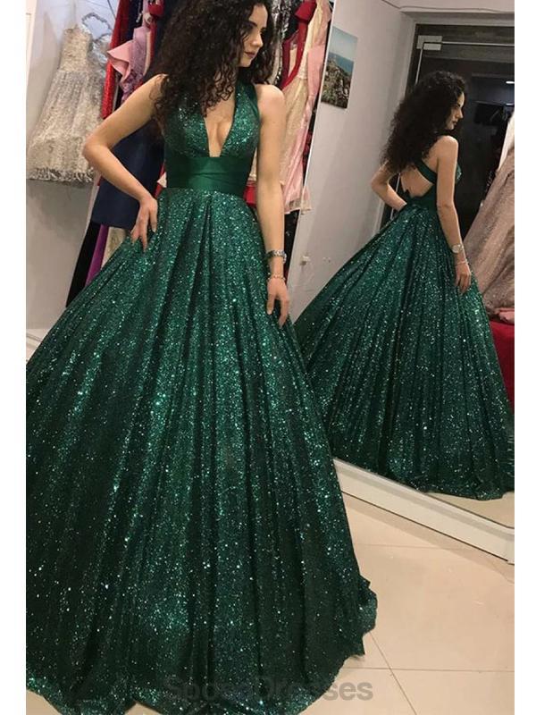 Emerald Green V-Neck Sparkly Ball Gown Prom Dress for Evening Party | Elegant Formal Gown for Homecoming, Wedding, Quinceañera & Special Occasions