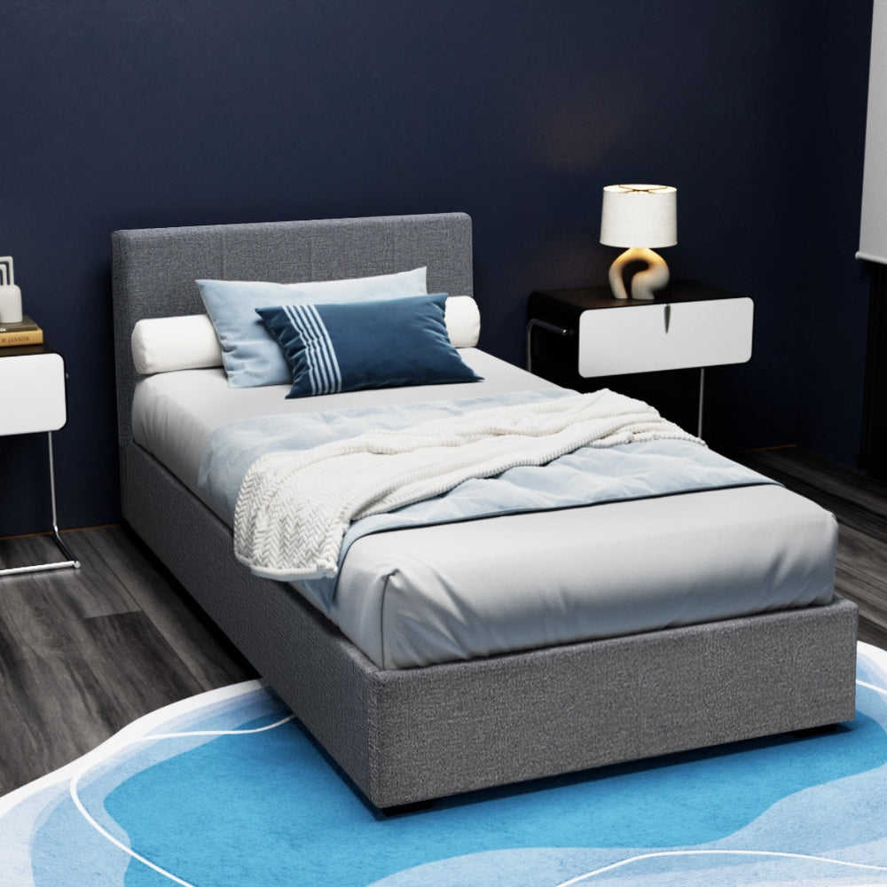 Elwood Grey King Single Bed Frame with Gas Lift Storage - Perfect for Small Bedrooms, Guest Rooms & Dormitories