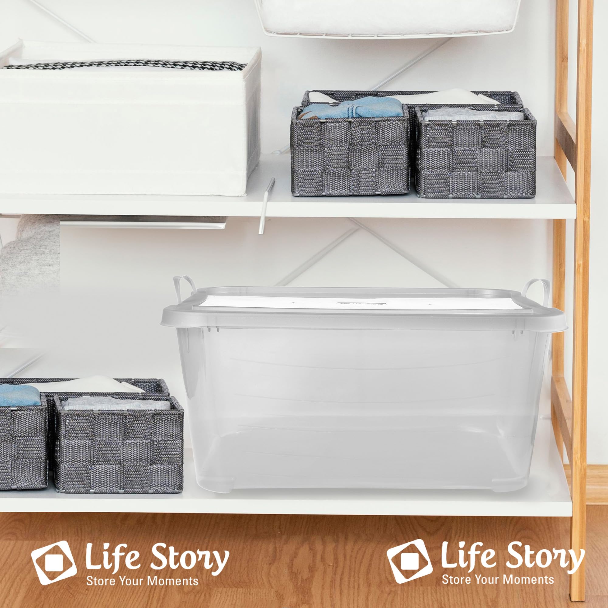 12-Pack Clear 55 Qt. Stackable Plastic Storage Bins with Handles & Snap-On Lids - Organize Closet, Garage, Pantry, Toys & Holiday Decorations