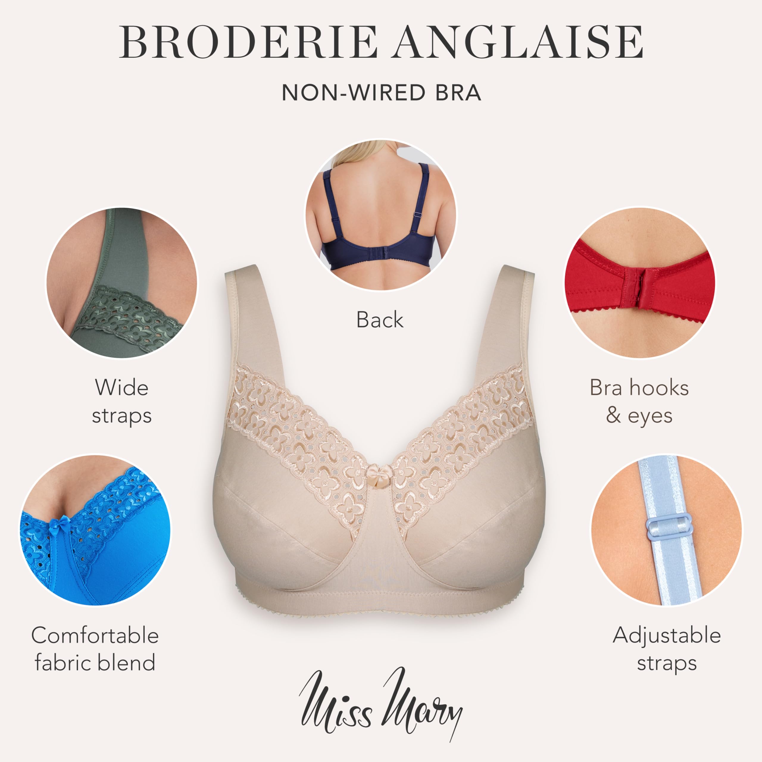 Miss Mary Women's Comfortable Cotton Non-Wired Full Coverage Bra 46D - Broderie Anglaise Everyday Support Bra in Dusty Blue | Perfect for Work, Lounge & Daily Wear